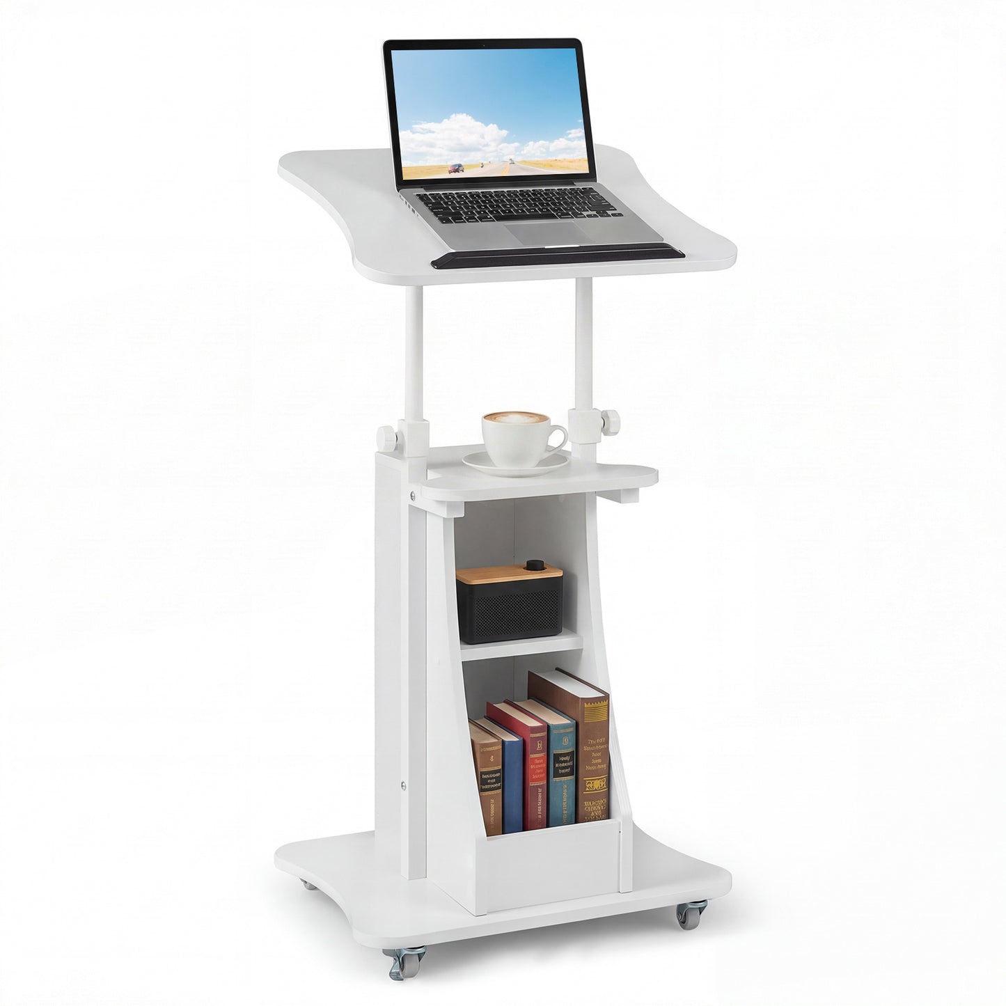 Costway Verstelbare Spreektafel Staande Tafel met Wielen en Kantelbare Tafel Mobiele Staande Bureau Wit