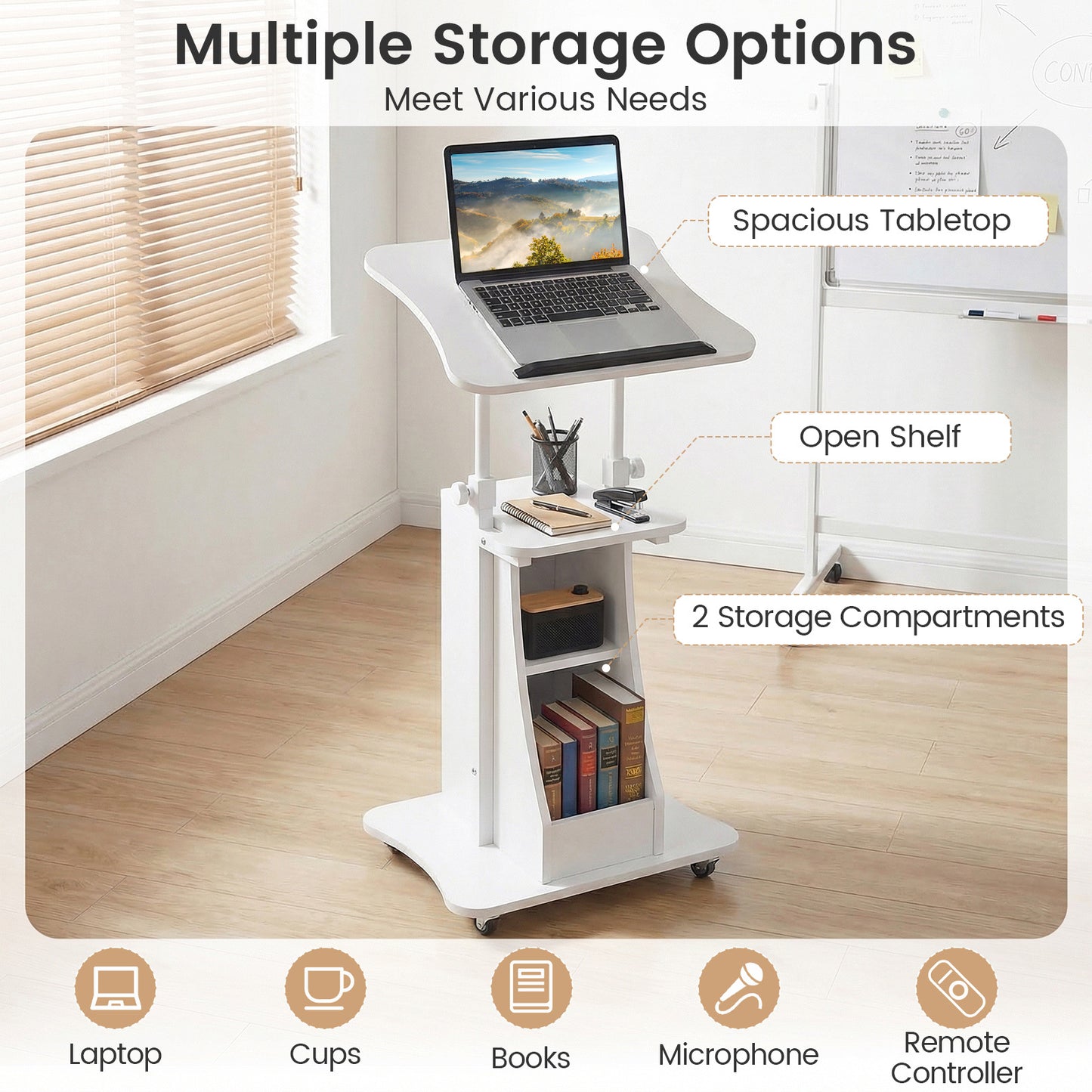 Costway Verstelbare Spreektafel Staande Tafel met Wielen en Kantelbare Tafel Mobiele Staande Bureau Wit