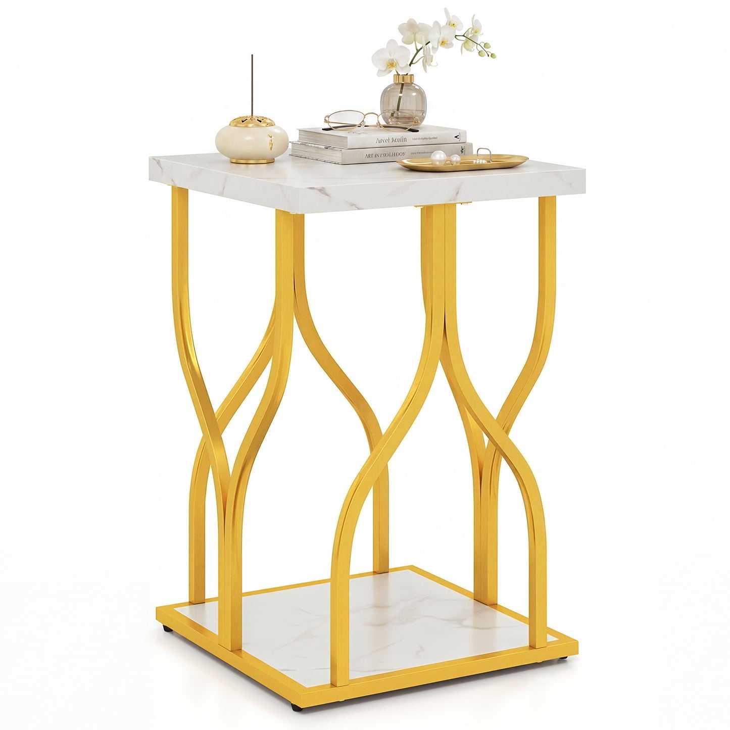 Costway Vierkante Bijzettafel Salontafel met 2 Niveaus en Tafelblad in Marmerlook Salontafel met Goudkleurig Metalen Frame 39,5 x 39,5 x 59,5 cm