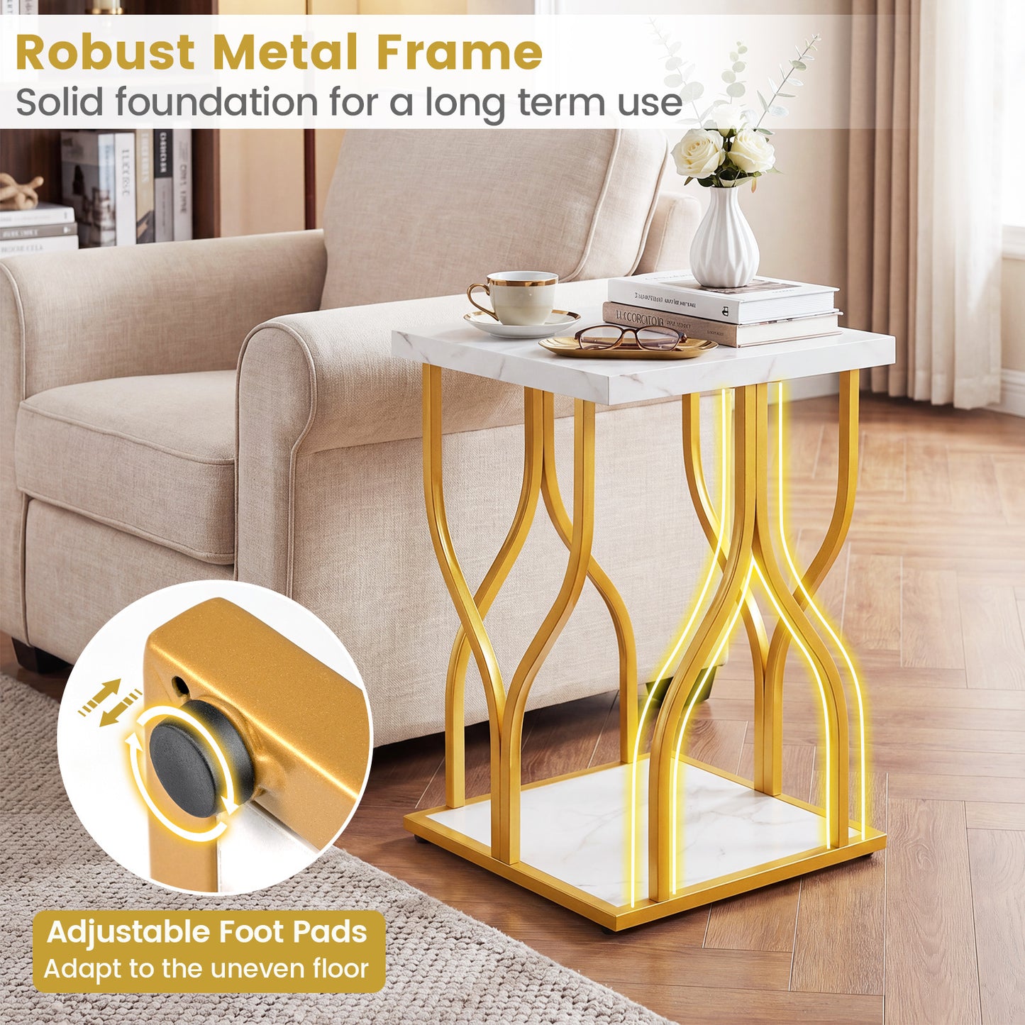 Costway Vierkante Bijzettafel Salontafel met 2 Niveaus en Tafelblad in Marmerlook Salontafel met Goudkleurig Metalen Frame 39,5 x 39,5 x 59,5 cm
