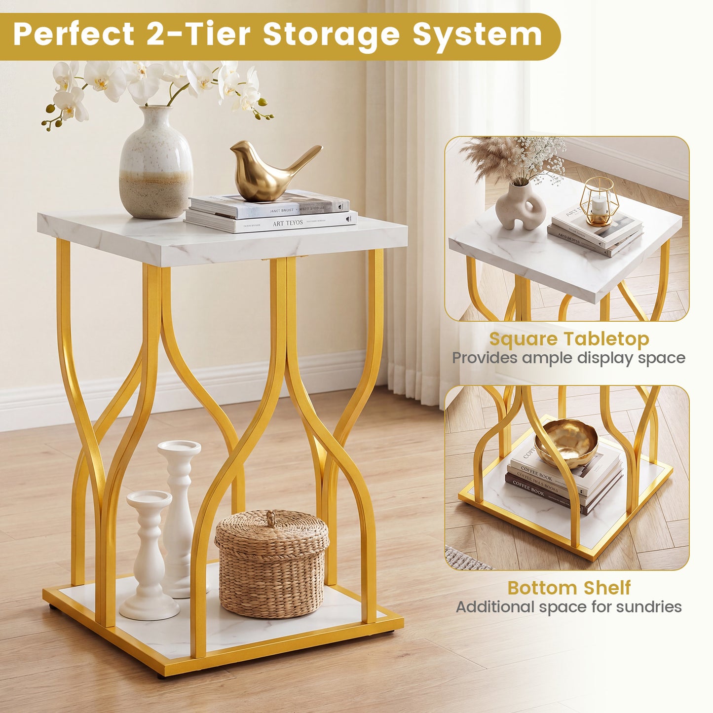 Costway Vierkante Bijzettafel Salontafel met 2 Niveaus en Tafelblad in Marmerlook Salontafel met Goudkleurig Metalen Frame 39,5 x 39,5 x 59,5 cm