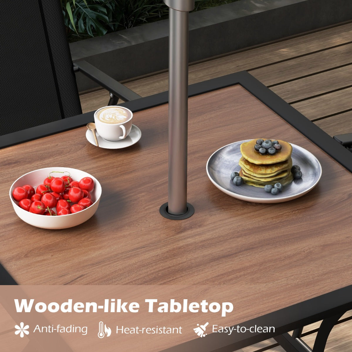 Costway Vierkante Terrastafel voor 4 Personen Bistrotafel met Houten Blad en Stevig Metalen Frame Buitentafel met Verstelbaar Parasolgat
