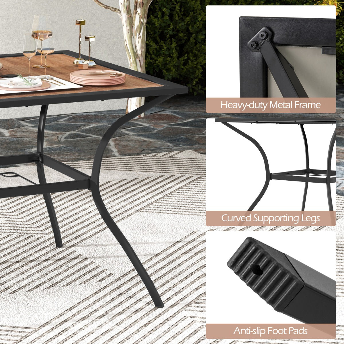 Costway Vierkante Terrastafel voor 4 Personen Bistrotafel met Houten Blad en Stevig Metalen Frame Buitentafel met Verstelbaar Parasolgat