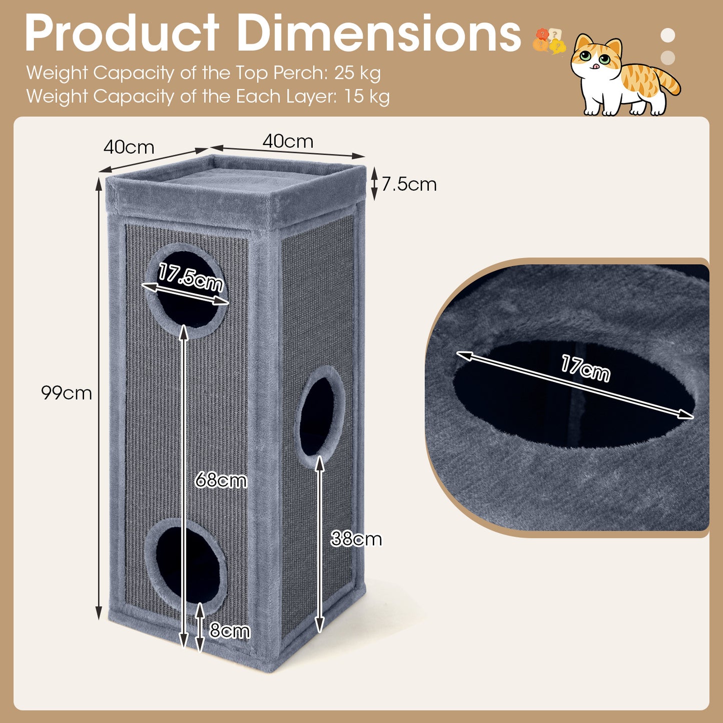 Costway Vierlaagse Kattenhuis 99 cm Hoog Kattenappartement Modern Tonvormig Kattenmeubilair Grijs