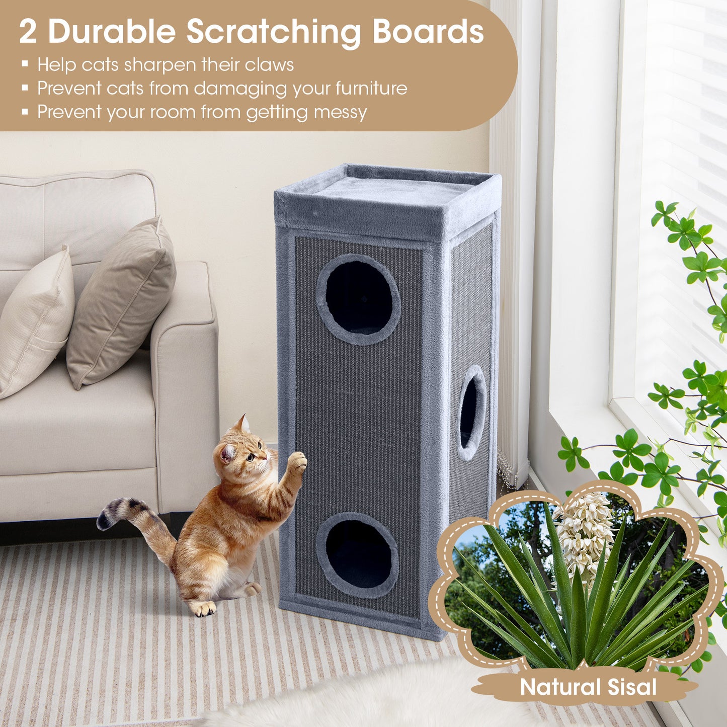 Costway Vierlaagse Kattenhuis 99 cm Hoog Kattenappartement Modern Tonvormig Kattenmeubilair Grijs