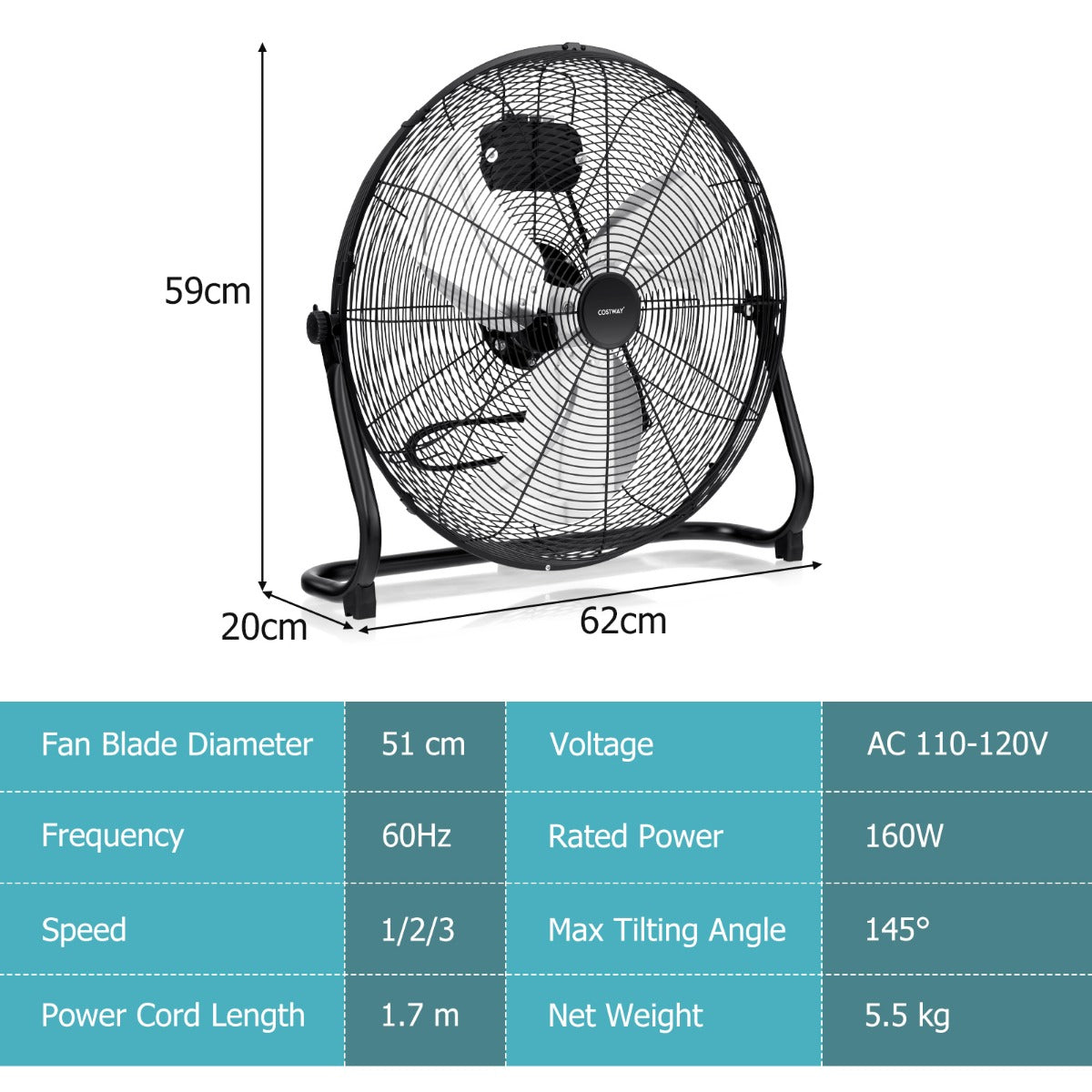Costway Vloerventilator met 51 cm Diameter Industriële Vloerventilator met 145° Verstelbare Kantelhoek 3 Ventilatorsnelheden & Metalen Bladen Zwart