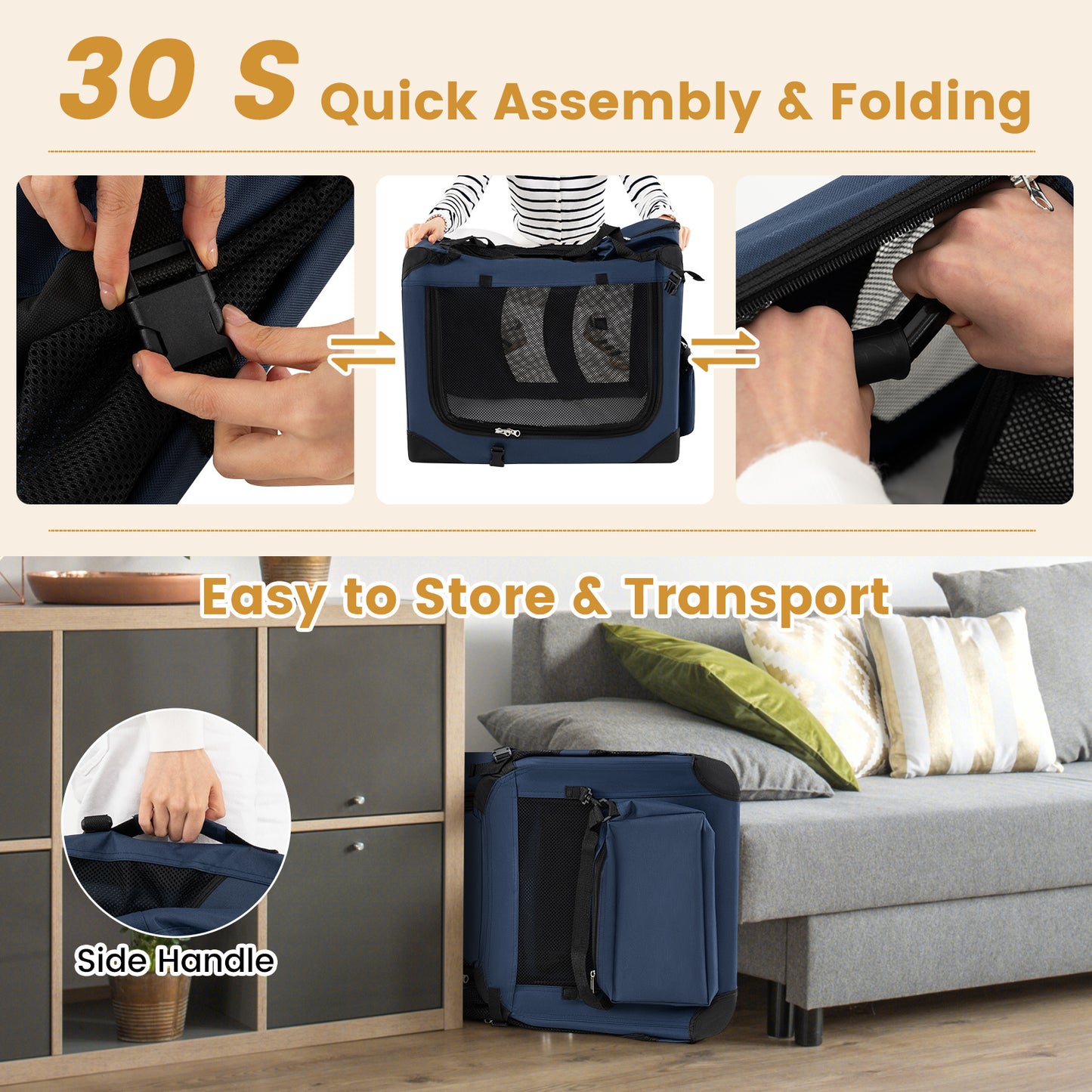 Costway Vouwbare Hondenbox Draagbare Hondentransportbox met Netvensters 3 Deuren Afneembare Kussen Blauw