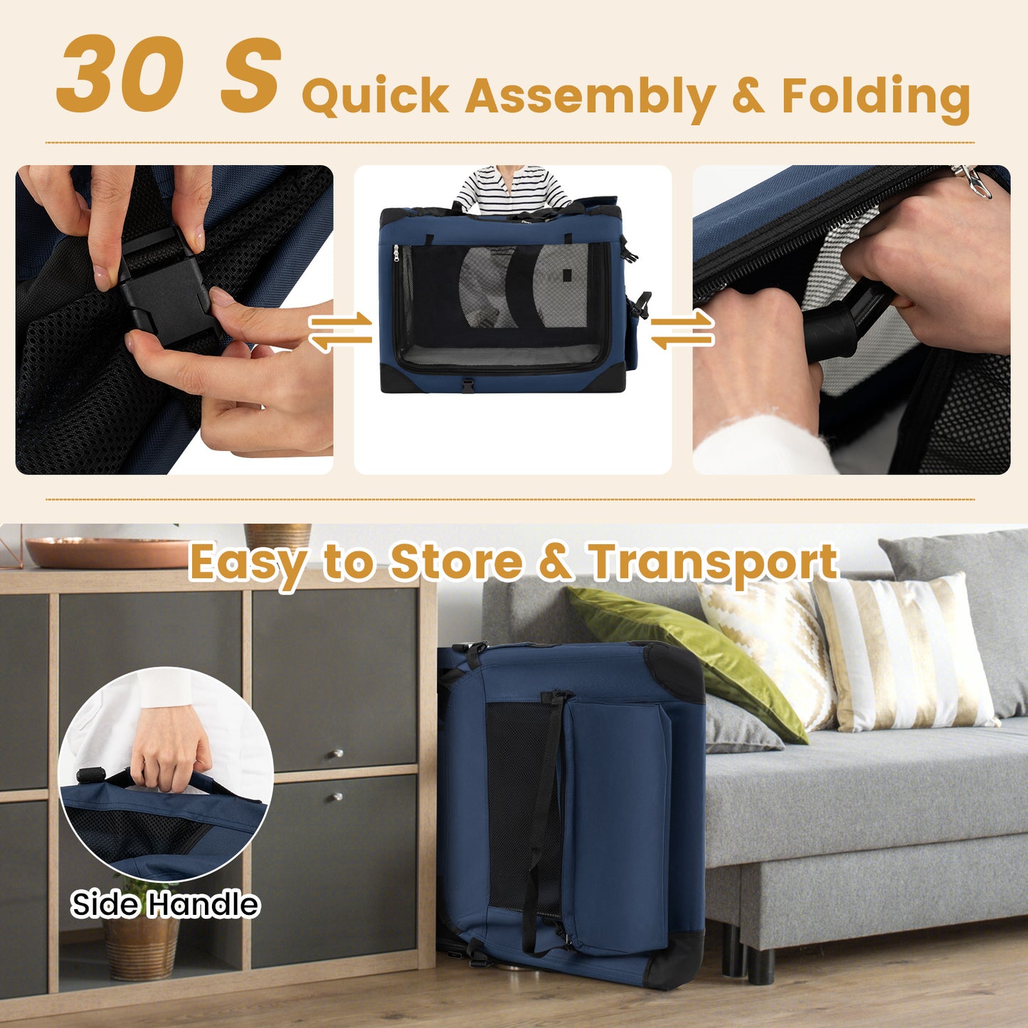 Costway Vouwbare Hondenbox Draagbare Hondentransportbox met Netvensters 3 Deuren Afneembare Kussen Blauw-L