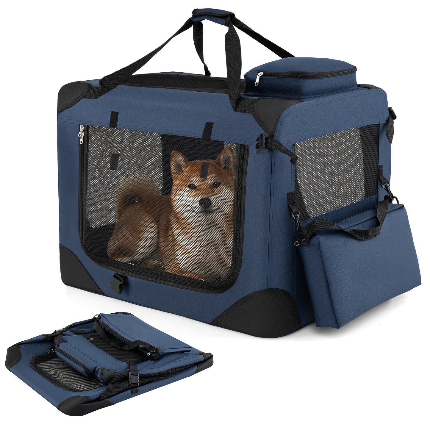 Costway Vouwbare Hondenbox Draagbare Hondentransportbox met Netvensters 3 Deuren Afneembare Kussen Blauw-M