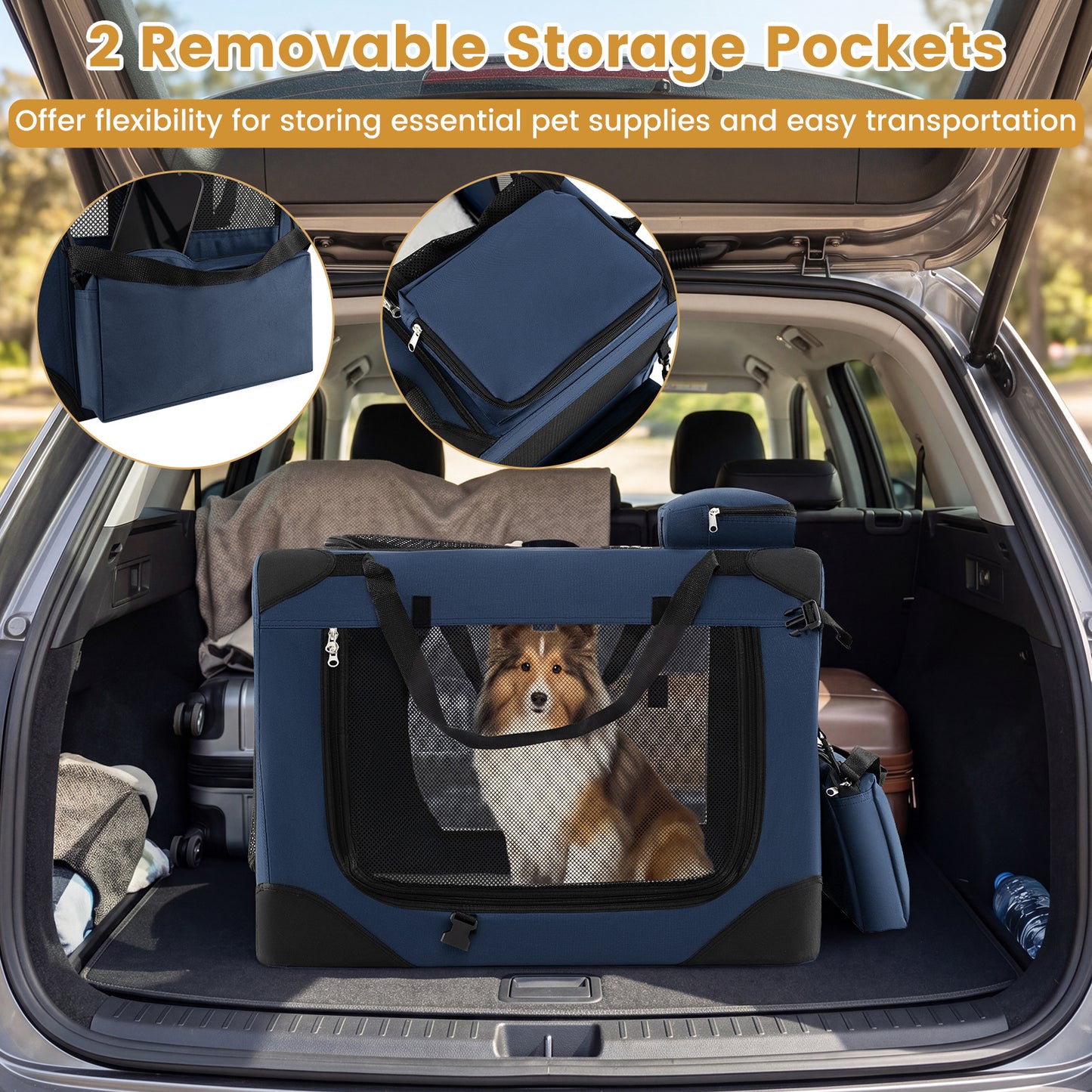 Costway Vouwbare Hondenbox Draagbare Hondentransportbox met Netvensters 3 Deuren Afneembare Kussen Blauw-M