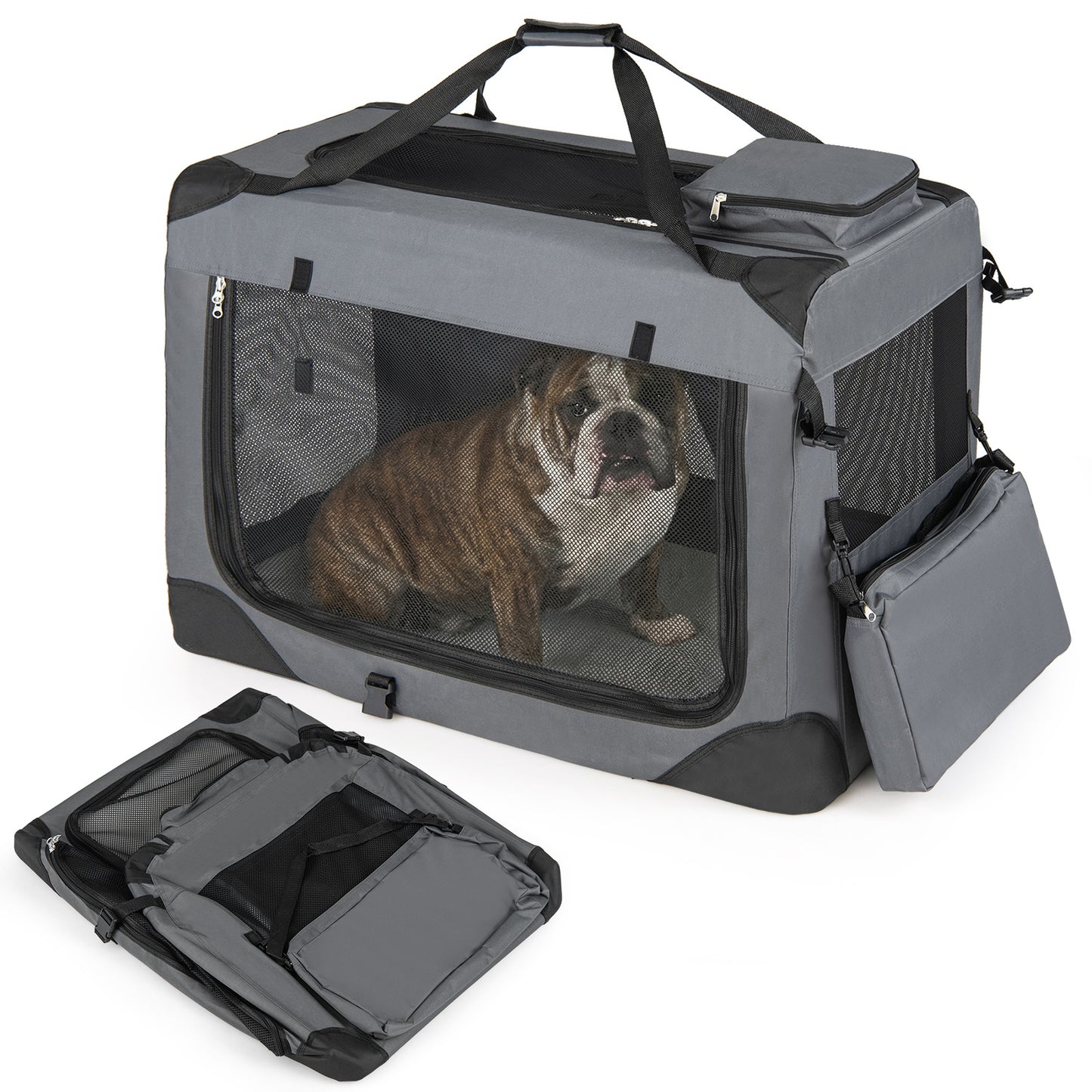 Costway Vouwbare Hondenbox Draagbare Hondentransportbox met Netvensters 3 Deuren Afneembare Kussen Grijs-L