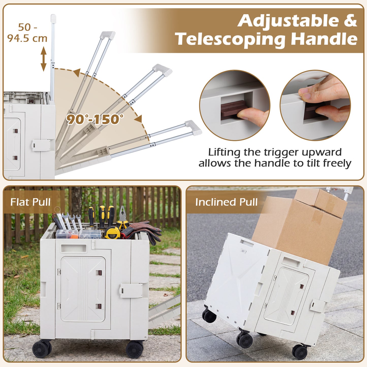 Costway Vouwbare Winkelwagentje Opvouwbare Boodschappentrolley tot 75 L met Verstelbare Telescoopgreep Wit