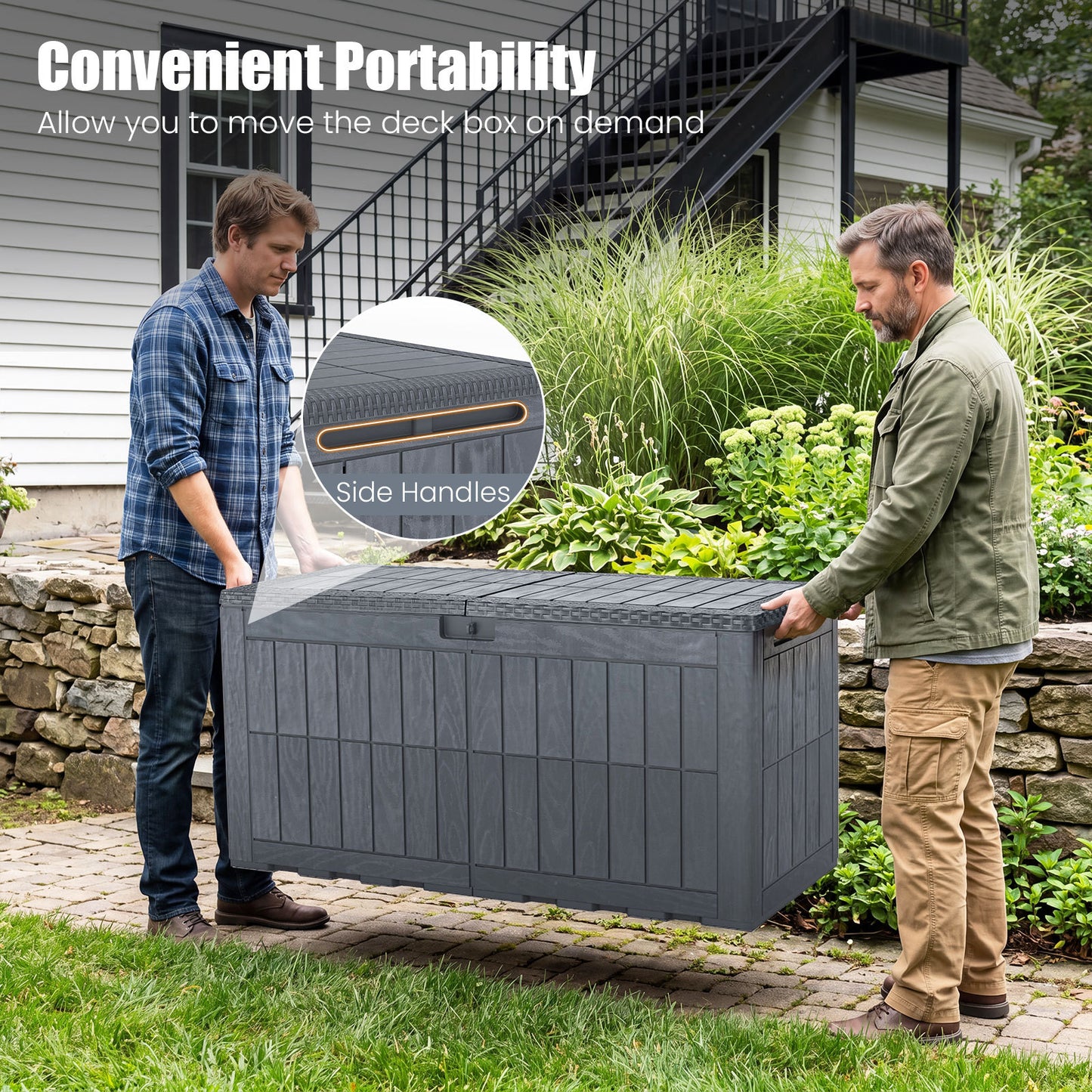 Costway Weerbestendige Opbergbox 380L Outdoor Opbergbox met Afsluitbaar Deksel Gasdrukveren en Handgrepen 2-in-1 Terrasbank en Kussenbox Grijs