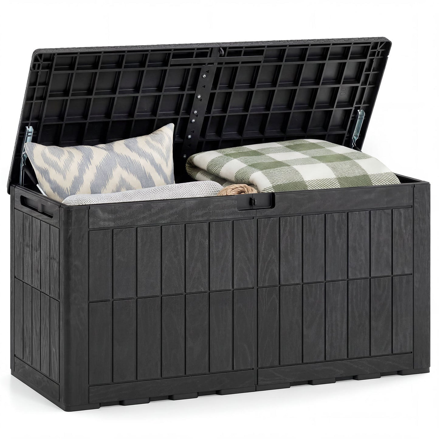 Costway Weerbestendige Opbergbox 380L Outdoor Opbergbox met Afsluitbaar Deksel Gasdrukveren en Handgrepen 2-in-1 Terrasbank en Kussenbox Zwart
