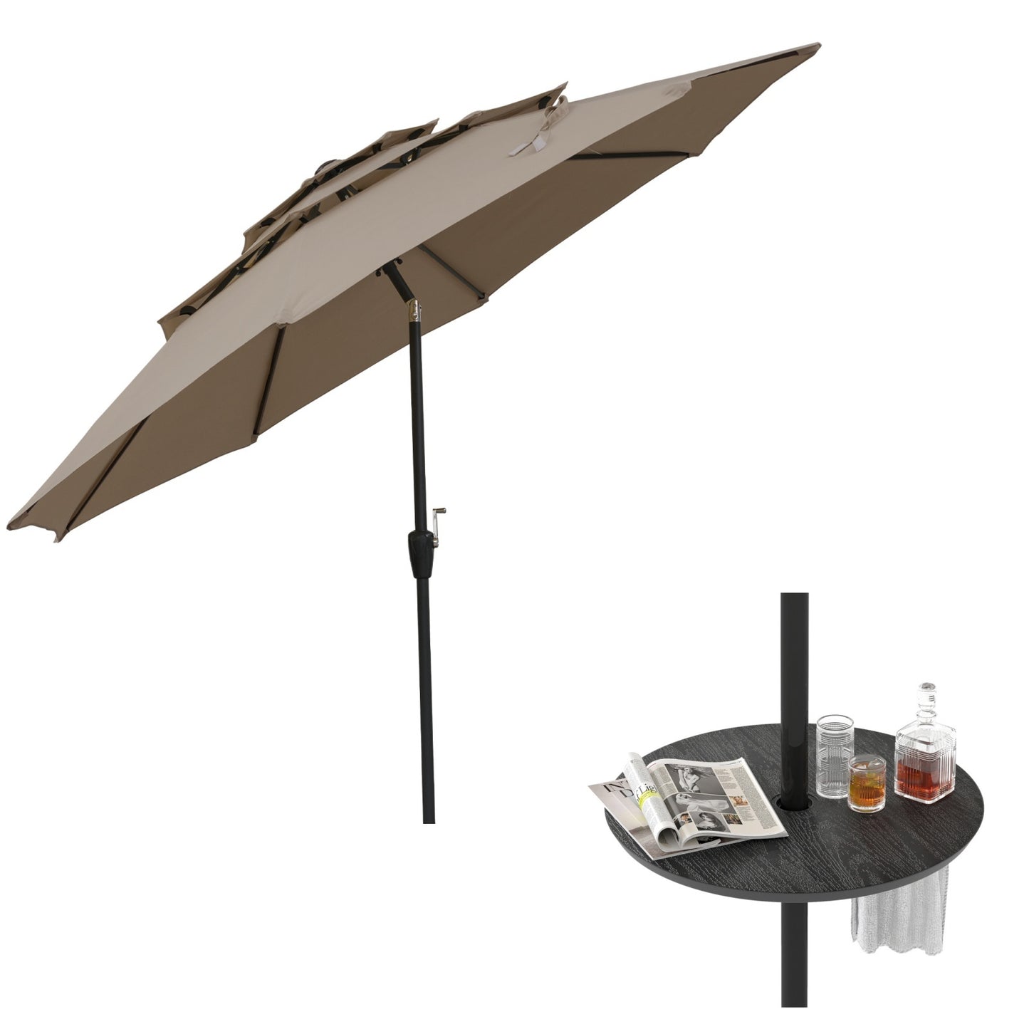 Costway Windbestendige Parasol met 3 Lagen en Slinger Bruin + Tafel van 50 cm met Verstelbare Parasolhouder