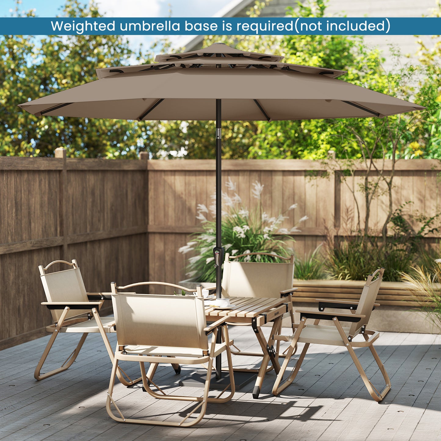 Costway Windbestendige Parasol met 3 Lagen en Slinger Bruin + Tafel van 50 cm met Verstelbare Parasolhouder