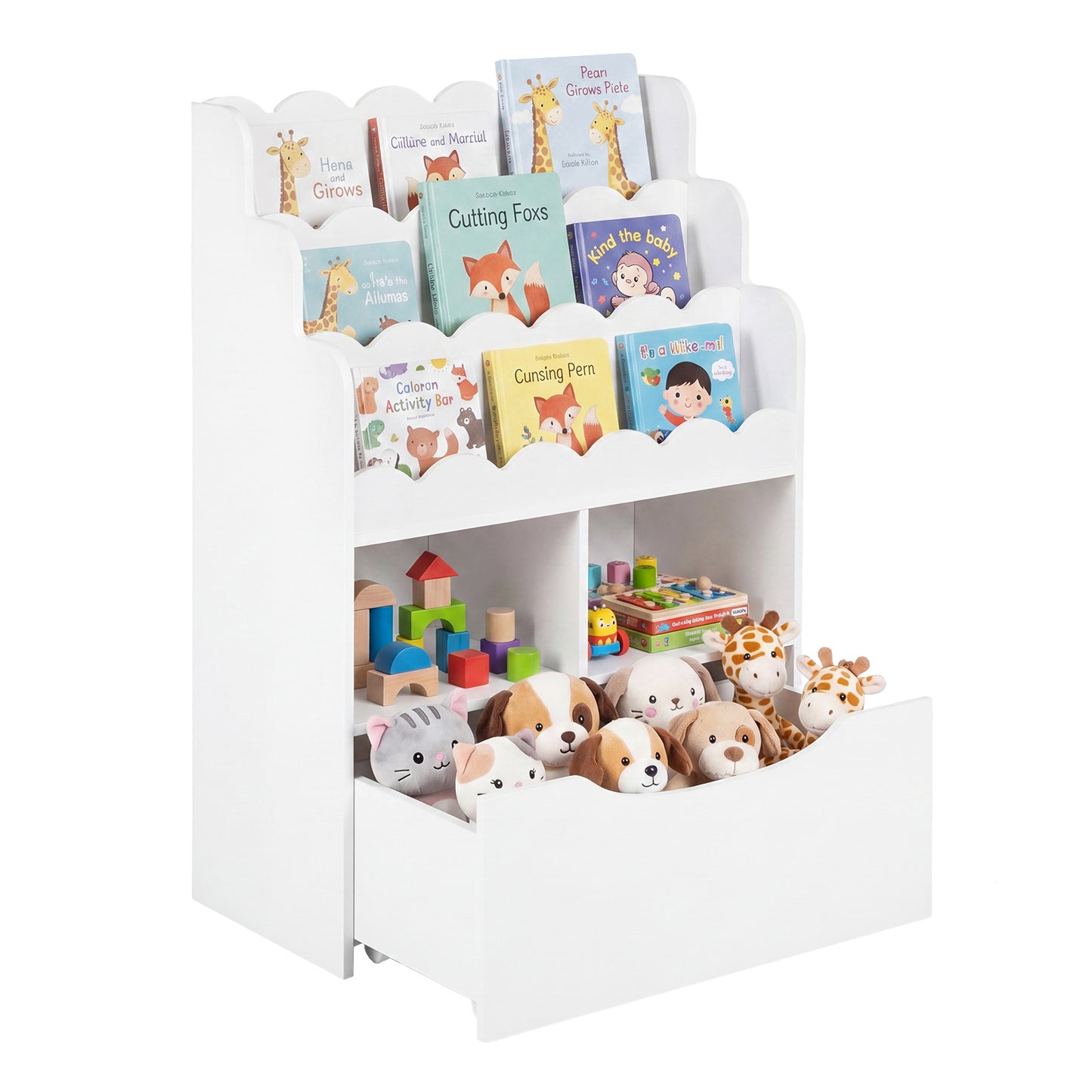 Costway Wit Kinderboekenkast met 5 Niveaus Boekenrek met Lades Op Wielen 2 Open Vakken Speelgoedrek van Hout Speelgoedopslag