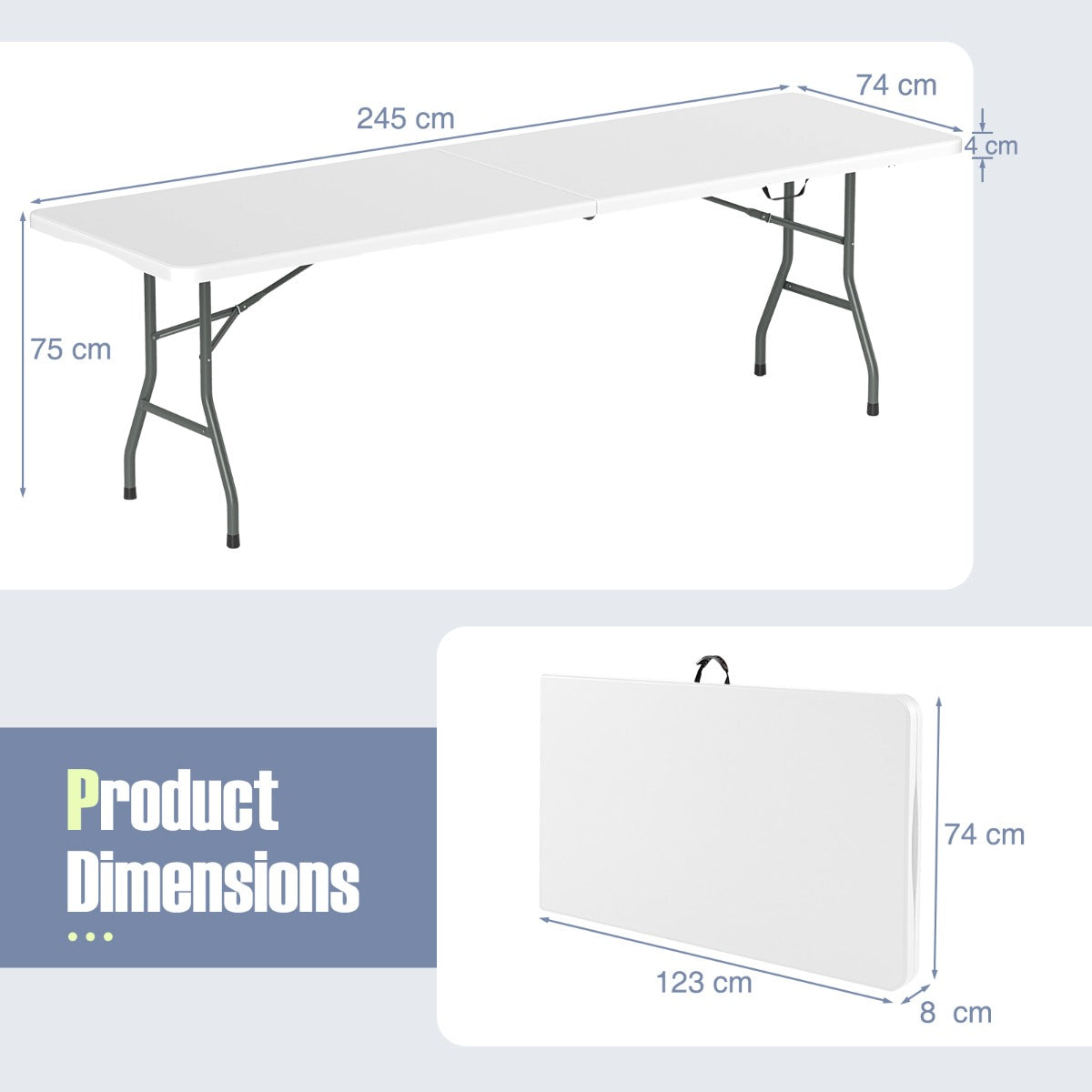 Costway XXL Tuintafel met HDPE Tafelblad & Draaggreep Opvouwbare Campingtafel Feesttafel Wit