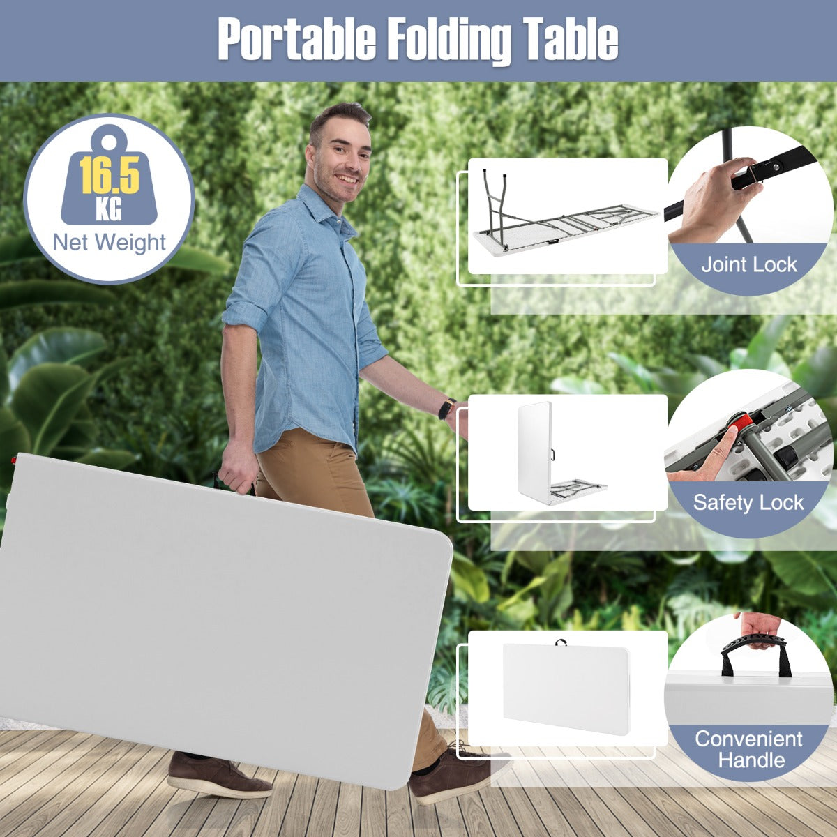 Costway XXL Tuintafel met HDPE Tafelblad & Draaggreep Opvouwbare Campingtafel Feesttafel Wit