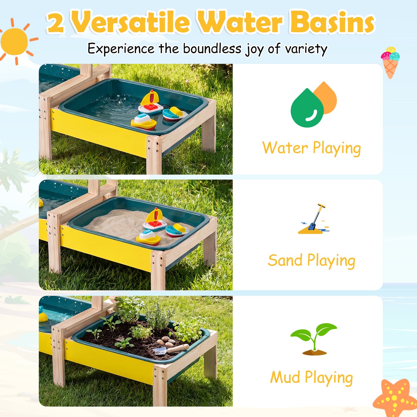 Costway Zand- en Watertafel voor Kinderen Montessori-zintuiglijke Activiteitentafel van Dennenhout