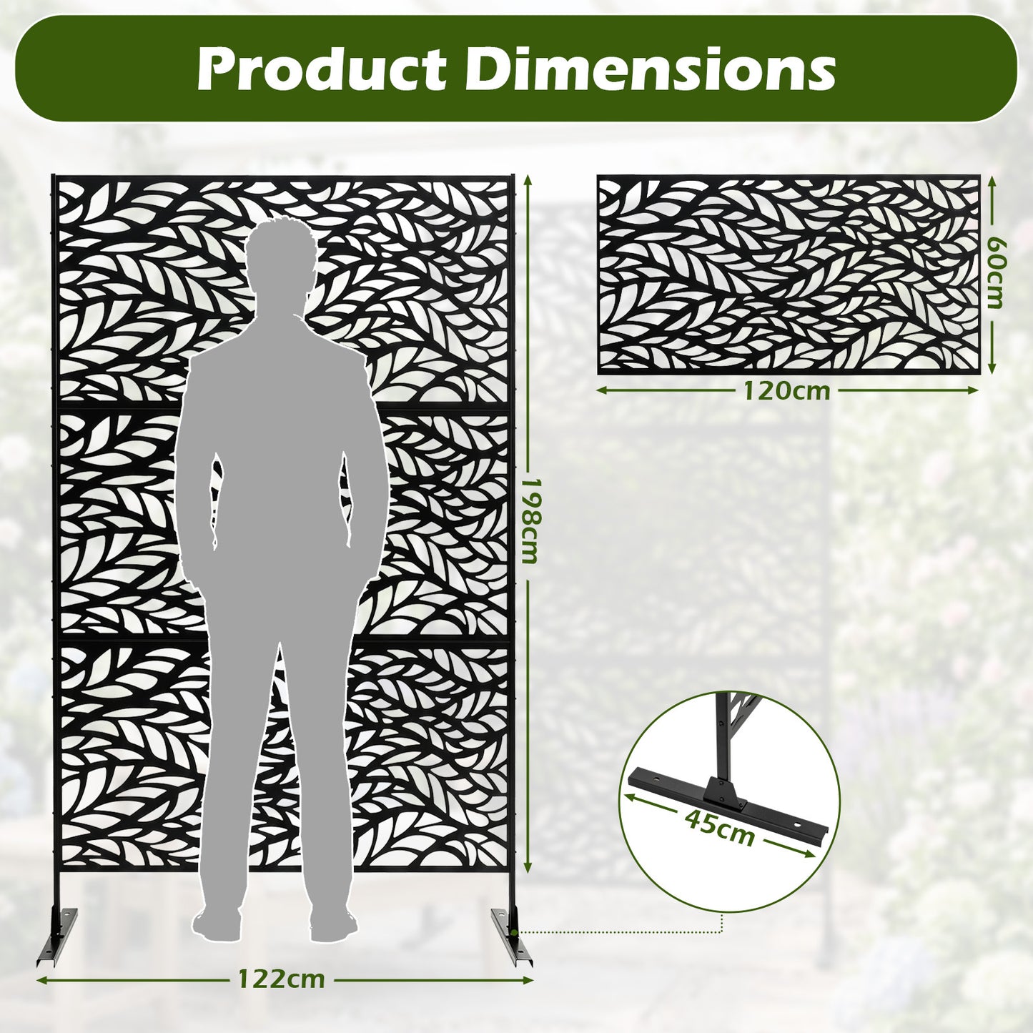 Costway Zichtscherm Tuin 122 x 198 cm Vrijstaande Roomdivider van Verzinkt Staal Paravent met Standaard Decoratieve