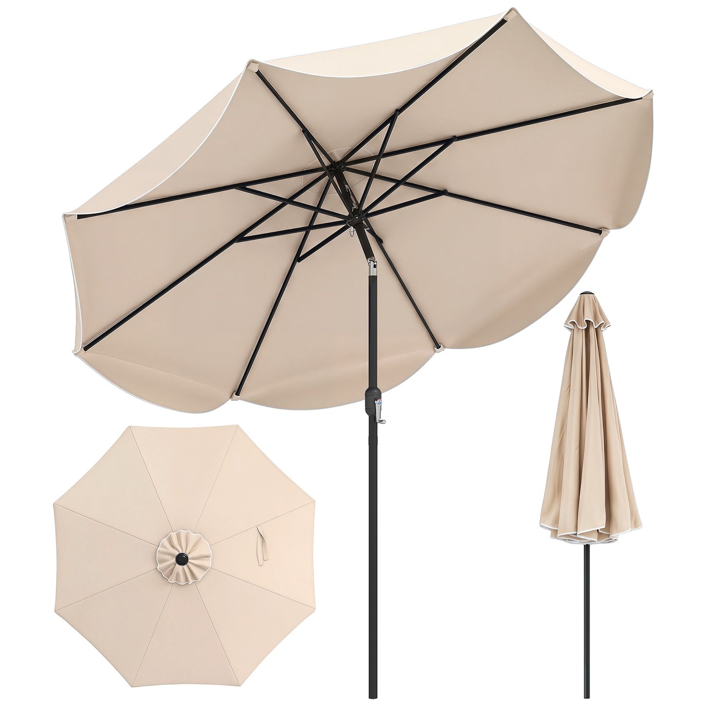 Costway Zonnescherm 270 cm Parasol met Zwengel en Kantelfunctie Balkonparasol met 8 Metalen Ribben en Dubbellaags Parasoldoek Beige