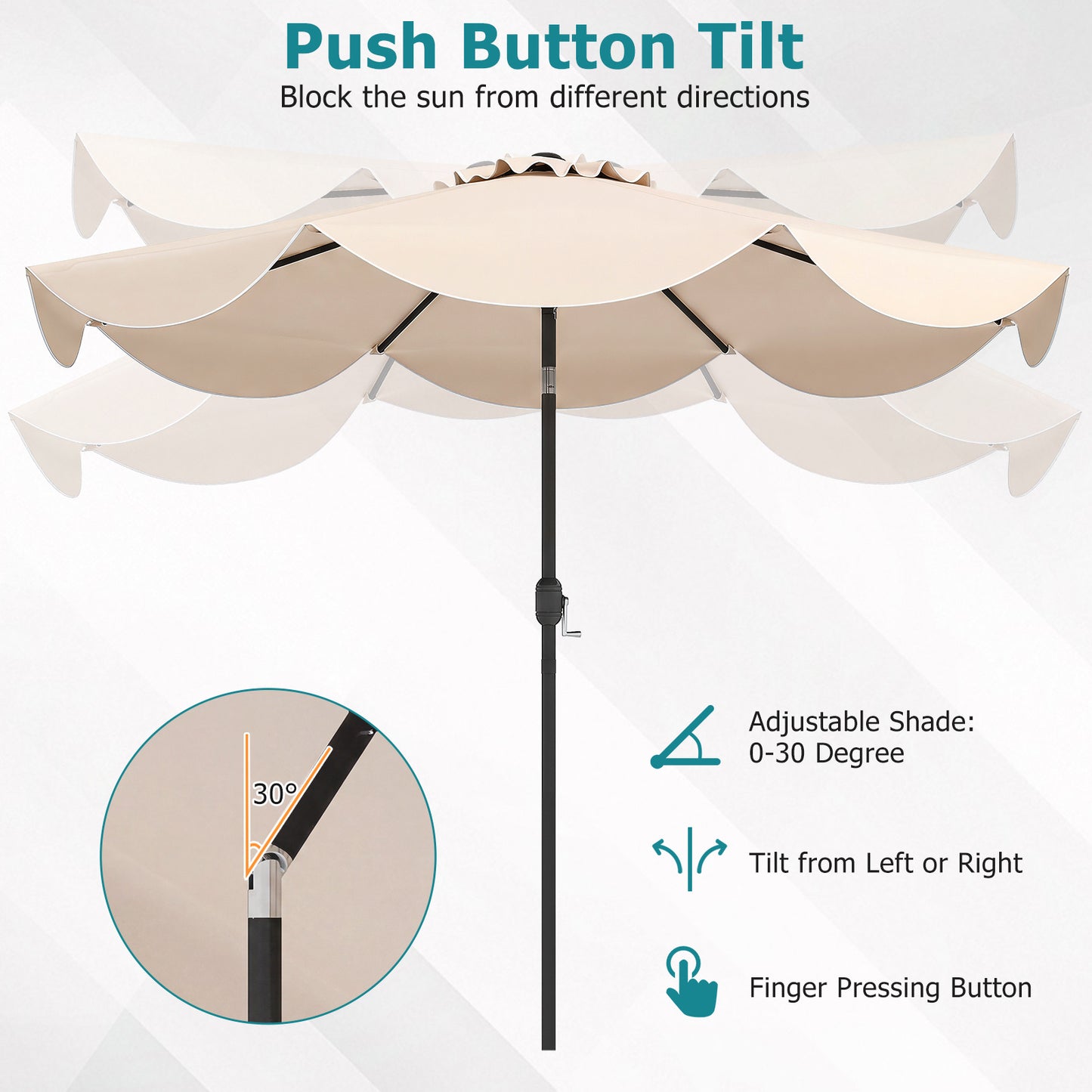 Costway Zonnescherm 270 cm Parasol met Zwengel en Kantelfunctie Balkonparasol met 8 Metalen Ribben en Dubbellaags Parasoldoek Beige