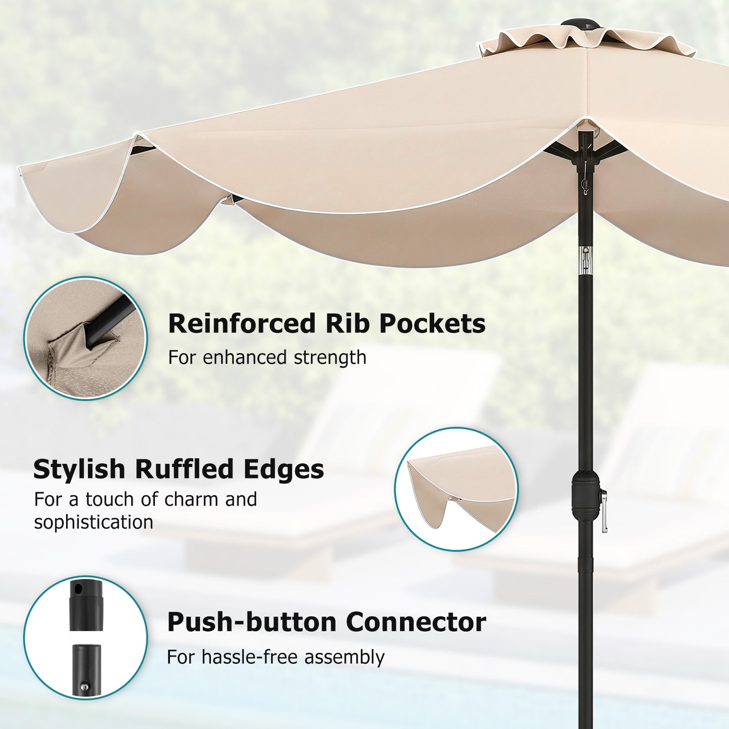 Costway Zonnescherm 270 cm Parasol met Zwengel en Kantelfunctie Balkonparasol met 8 Metalen Ribben en Dubbellaags Parasoldoek Beige