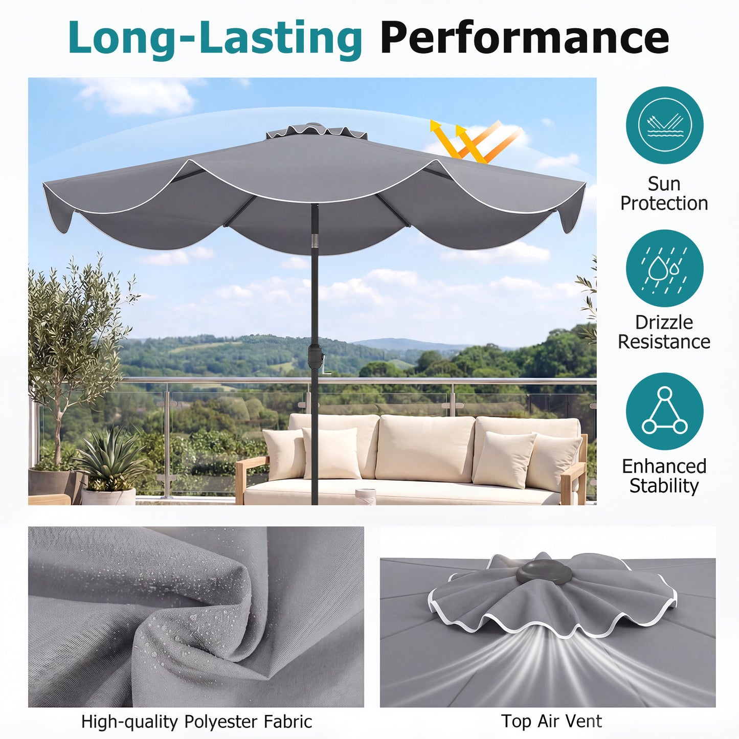 Costway Zonnescherm 270 cm Parasol met Zwengel en Kantelfunctie Balkonparasol met 8 Metalen Ribben en Dubbellaags Parasoldoek Grijs