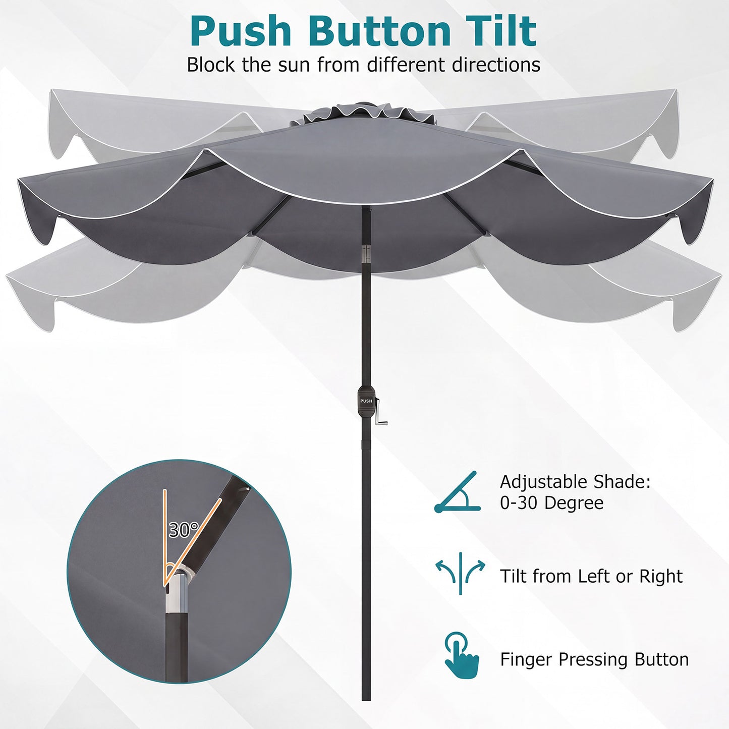 Costway Zonnescherm 270 cm Parasol met Zwengel en Kantelfunctie Balkonparasol met 8 Metalen Ribben en Dubbellaags Parasoldoek Grijs