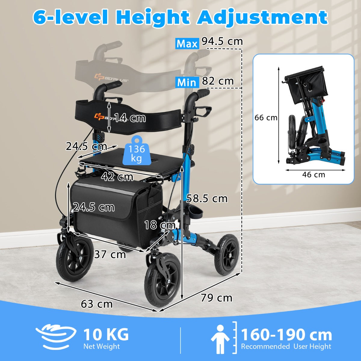 LIVSK 2-in-1 Rollator voor Senioren - Opvouwbaar - 6 Hoogte-instellingen - Verborgen Vering - Draagvermogen 136 kg - Blauw