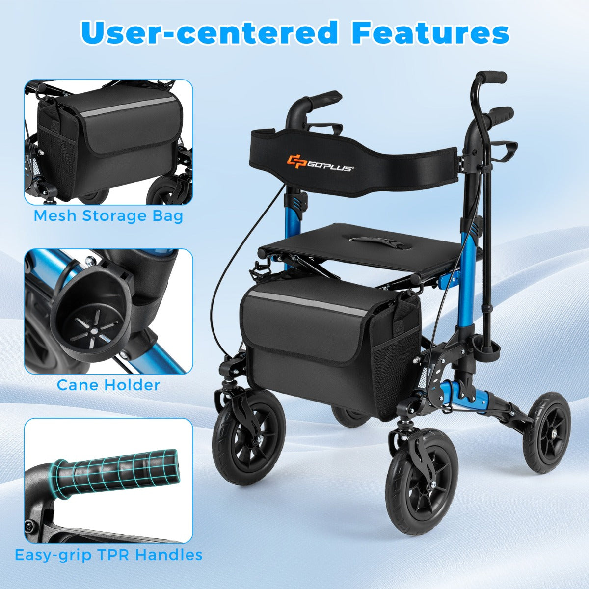 LIVSK 2-in-1 Rollator voor Senioren - Opvouwbaar - 6 Hoogte-instellingen - Verborgen Vering - Draagvermogen 136 kg - Blauw