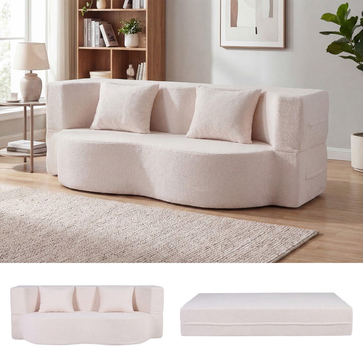 LIVSK 2-in-1 Slaapbank - Opvouwbaar Ontwerp - Comfortabele Teddyfleece - Geen Montage Nodig - Voor 2 Personen - Grijs/Wit