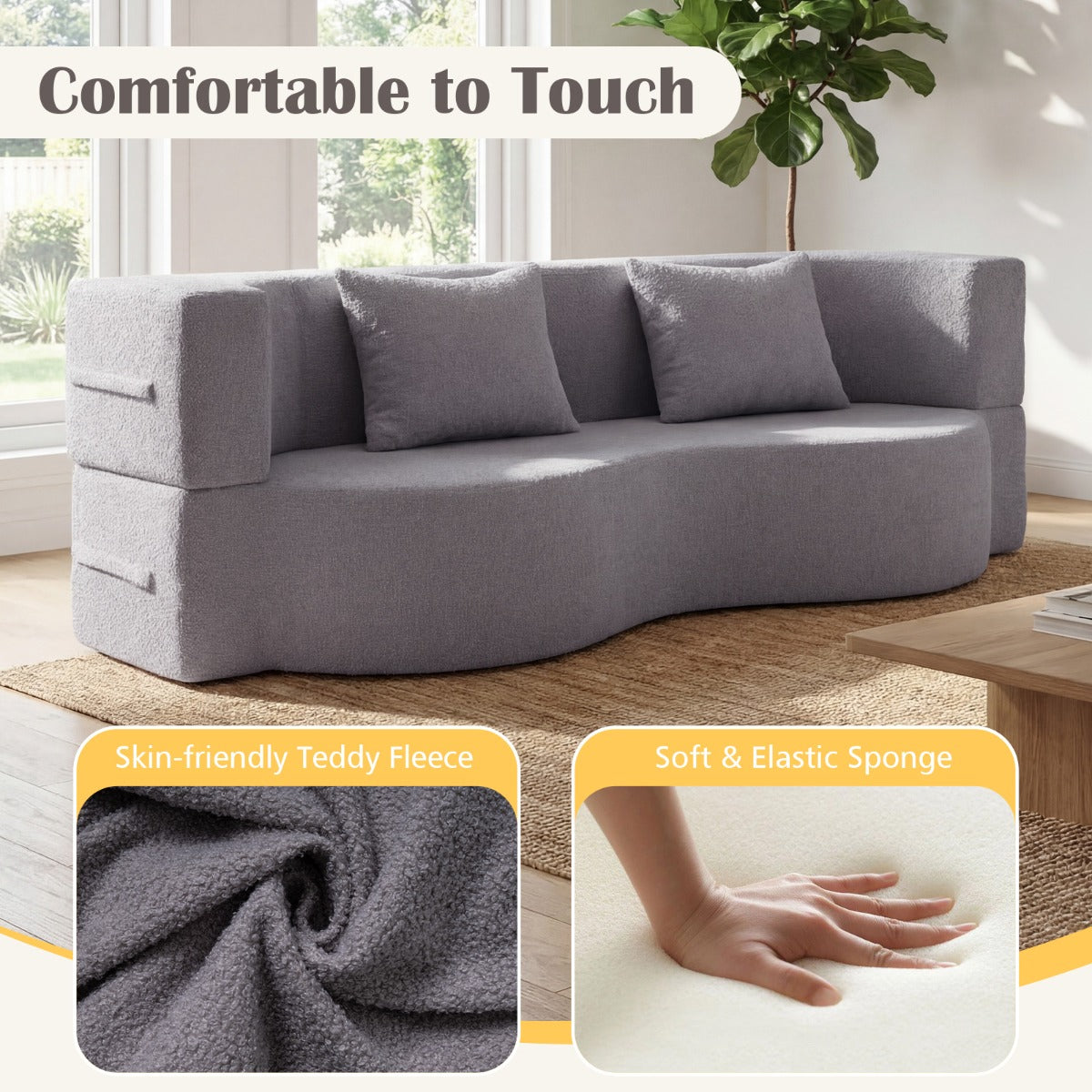 LIVSK 2-in-1 Slaapbank - Opvouwbaar Ontwerp - Comfortabele Teddyfleece - Geen Montage - Perfect voor 2 Personen - Grijs/Wit