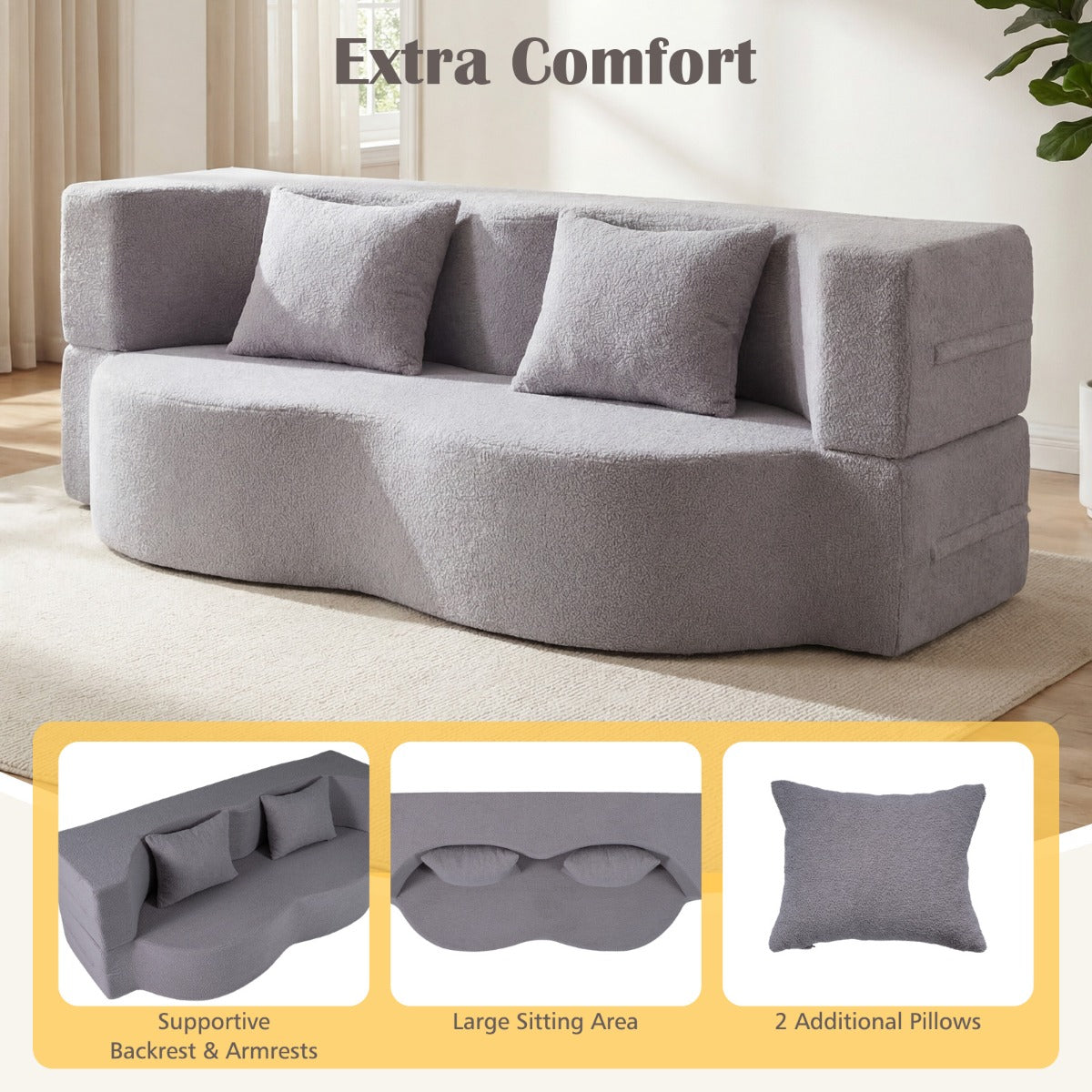 LIVSK 2-in-1 Slaapbank - Opvouwbaar Ontwerp - Comfortabele Teddyfleece - Geen Montage - Perfect voor 2 Personen - Grijs/Wit