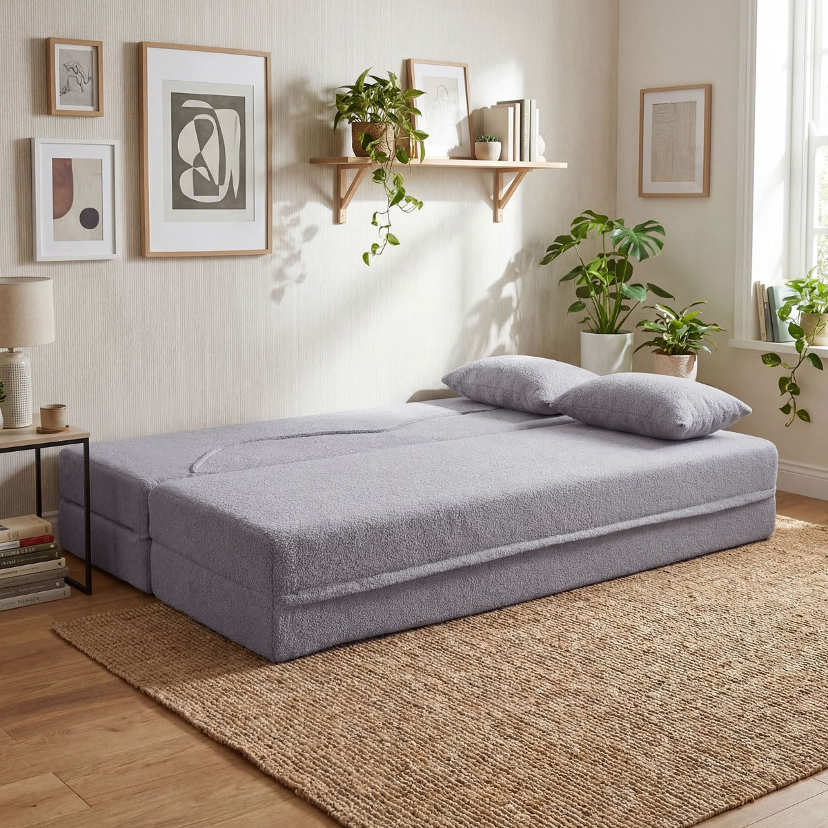 LIVSK 2-in-1 Slaapbank - Opvouwbaar Ontwerp - Comfortabele Teddyfleece - Geen Montage - Perfect voor 2 Personen - Grijs/Wit