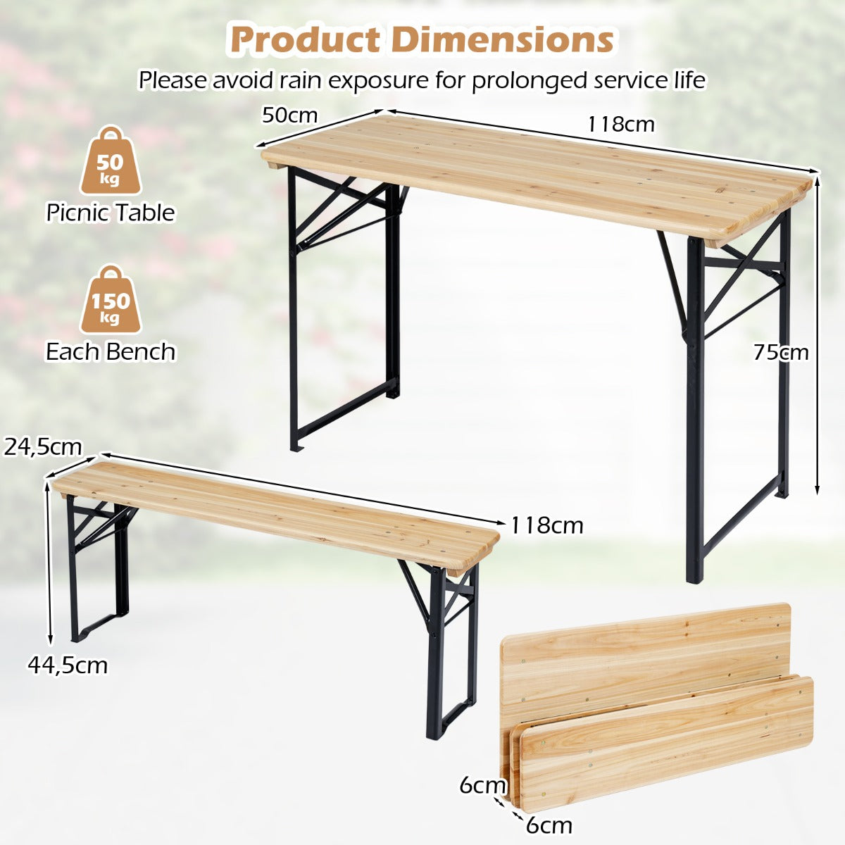 LIVSK 3-Delige Biertent-Set - Duurzaam Dennenhout - Inklapbaar - Voor 4 Personen - Stabiel Metalen Frame - Naturel