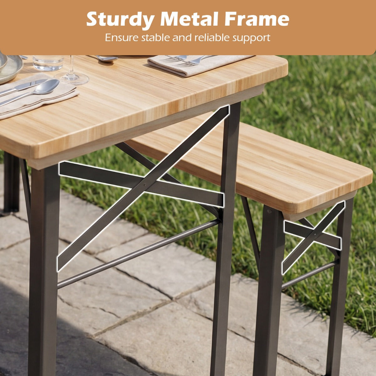 LIVSK 3-Delige Biertent-Set - Duurzaam Dennenhout - Inklapbaar - Voor 4 Personen - Stabiel Metalen Frame - Naturel