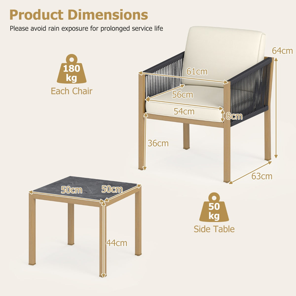 LIVSK 3-Delige Bistroset - Gevlochten Touw - Robuust Metalen Frame - Comfortabele Kussens - Ideaal voor Compacte Ruimtes - Beige