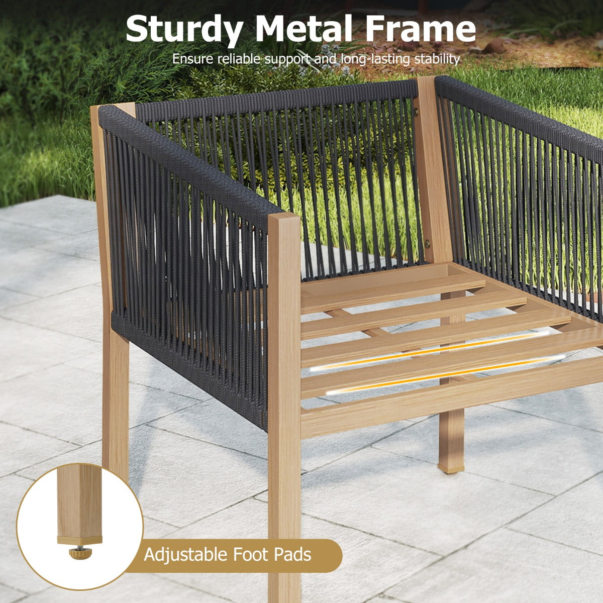 LIVSK 3-Delige Bistroset - Gevlochten Touw - Robuust Metalen Frame - Comfortabele Kussens - Ideaal voor Compacte Ruimtes - Beige