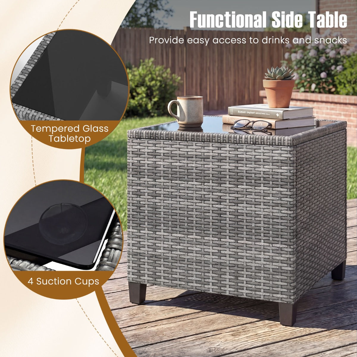 LIVSK 3-Delige Rotan Meubelset - Hoogwaardig PE-Rotan - Ergonomische Stoelen - Gehard Glazen Tafel - Gemengd Grijs