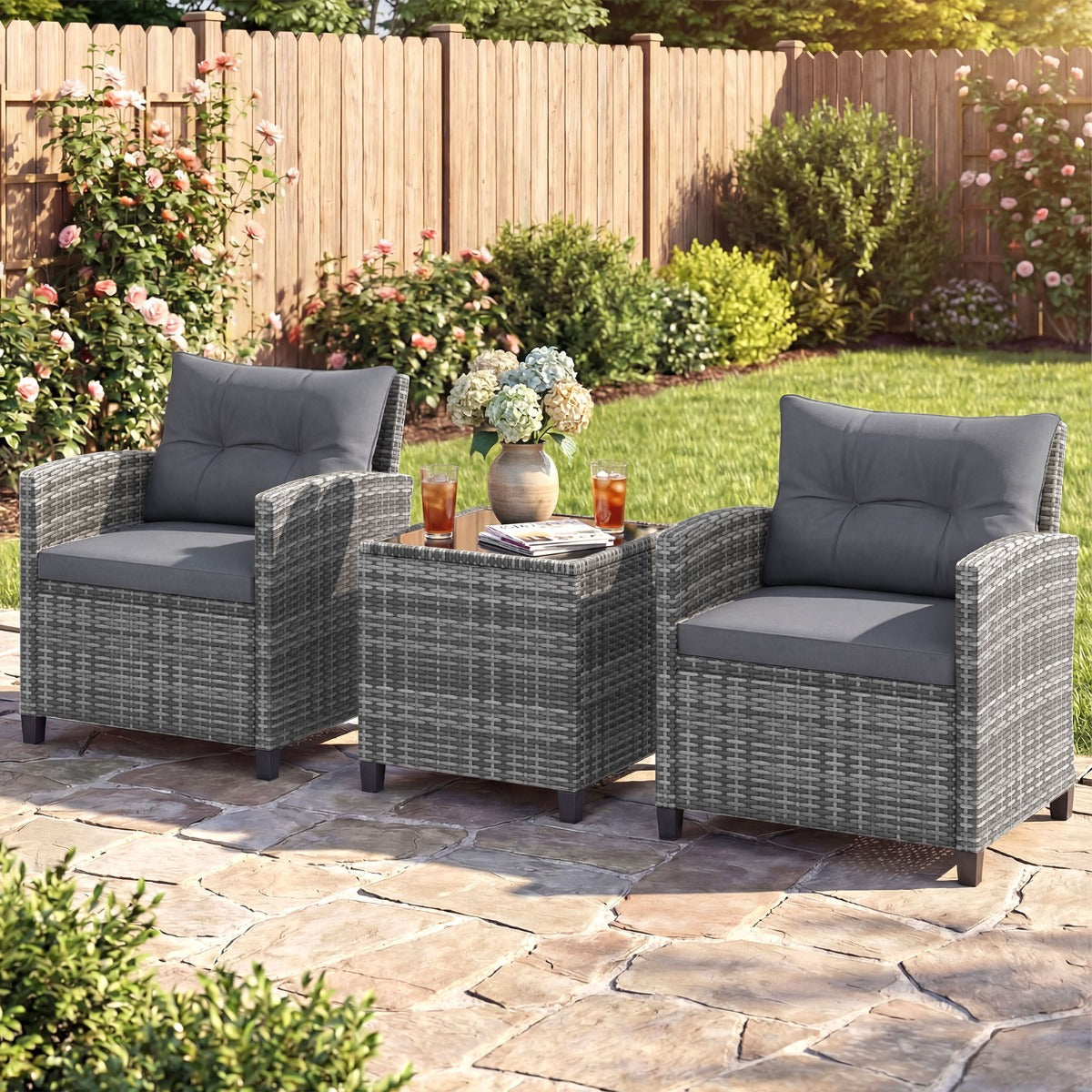 LIVSK 3-Delige Rotan Meubelset - Hoogwaardig PE-Rotan - Ergonomische Stoelen - Gehard Glazen Tafel - Gemengd Grijs