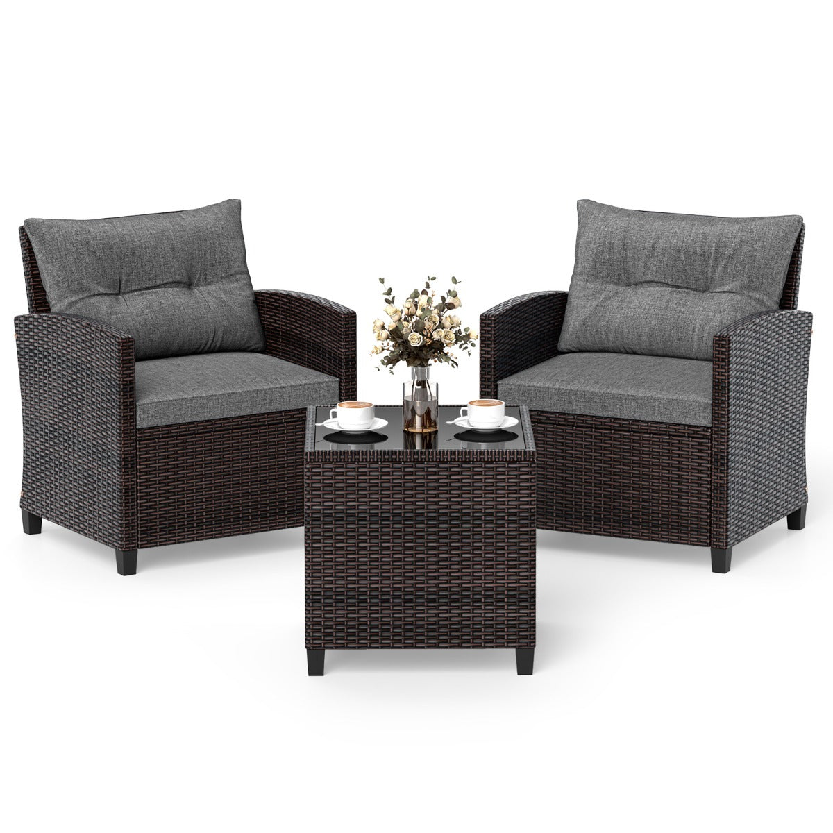 LIVSK 3-Delige Rotan Tuinset - Duurzaam PE-Rotan - 4 Comfortabele Kussens - Tafel met Gehard Glas - Bruin/Zwart