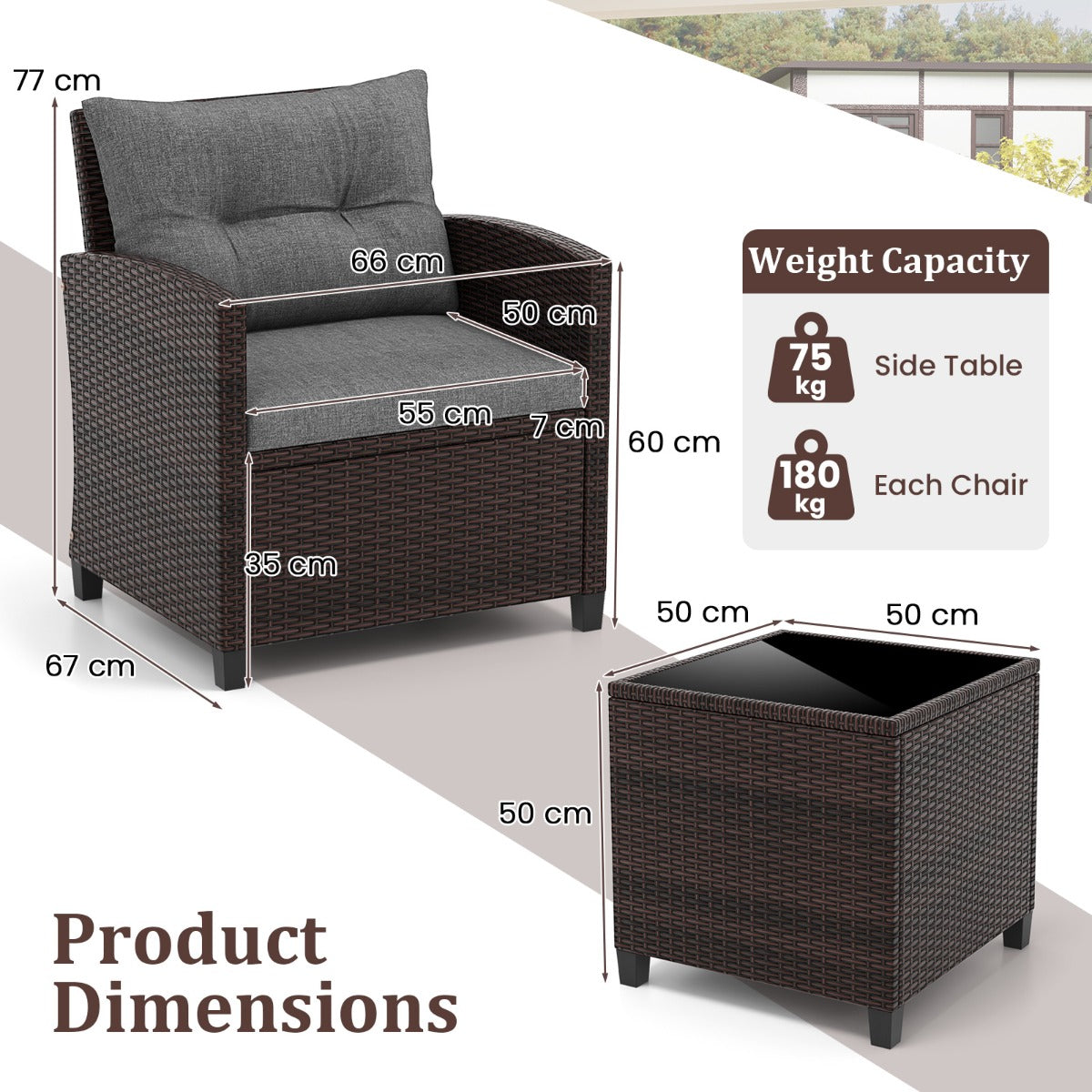 LIVSK 3-Delige Rotan Tuinset - Duurzaam PE-Rotan - 4 Comfortabele Kussens - Tafel met Gehard Glas - Bruin/Zwart