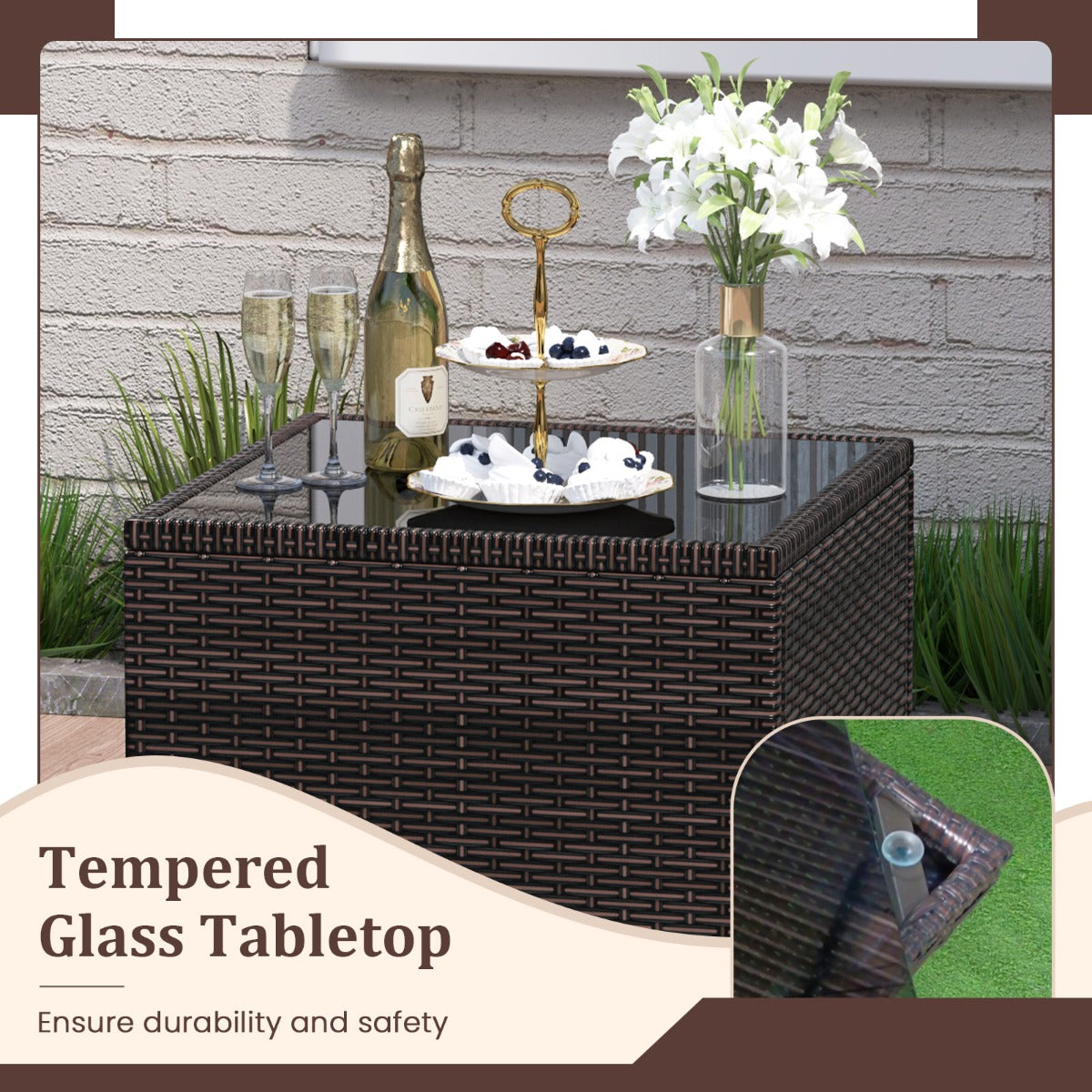 LIVSK 3-Delige Rotan Tuinset - Duurzaam PE-Rotan - 4 Comfortabele Kussens - Tafel met Gehard Glas - Bruin/Zwart