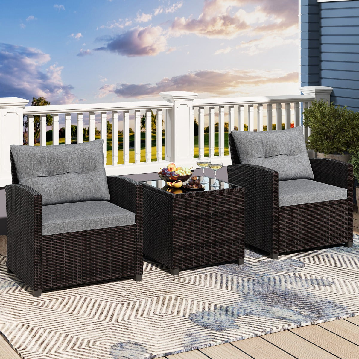 LIVSK 3-Delige Rotan Tuinset - Duurzaam PE-Rotan - 4 Comfortabele Kussens - Tafel met Gehard Glas - Bruin/Zwart