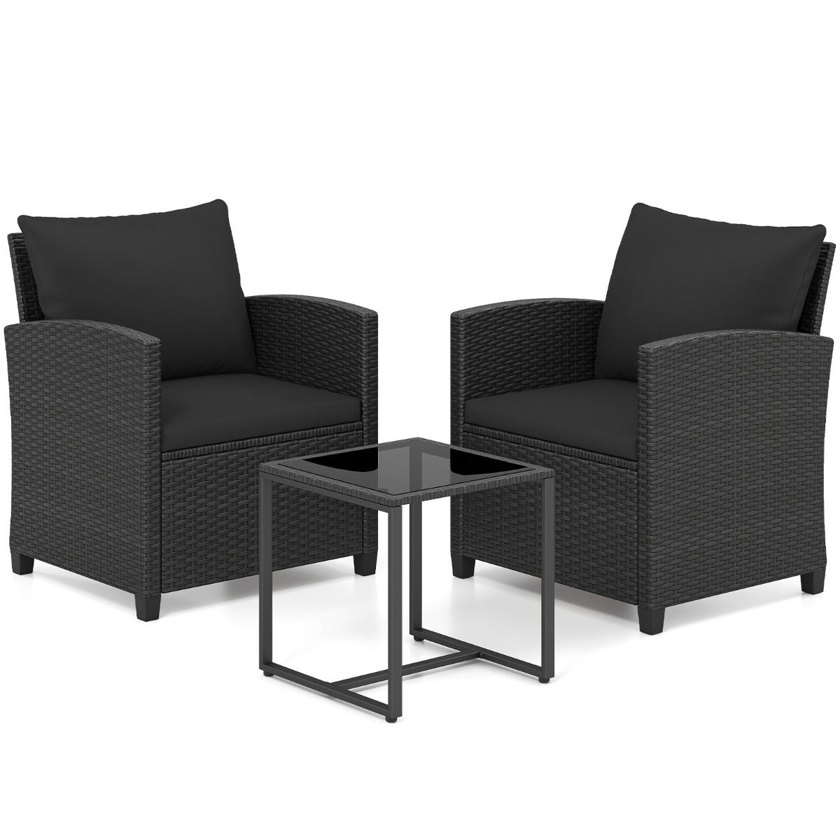 LIVSK 3-Delige Tuinmeubelset - Comfortabele Stoelen - Hoogwaardig PE-Rotan - Salontafel met Gehard Glas - Zwart