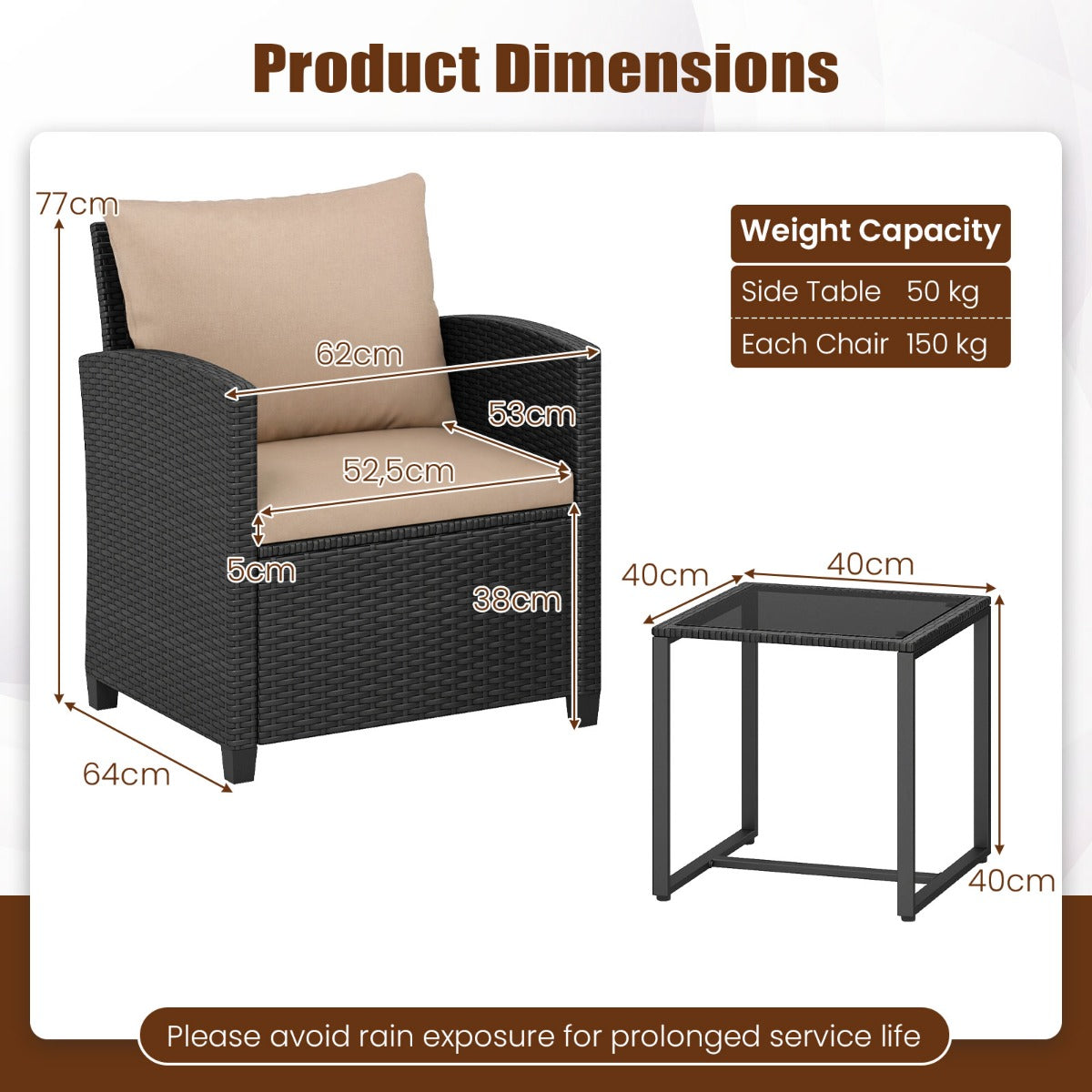 LIVSK 3-Delige Tuinmeubelset - Hoogwaardig PE-Rotan - Comfortabele Stoelen - Krasbestendig Glazen Tafel - Zwart