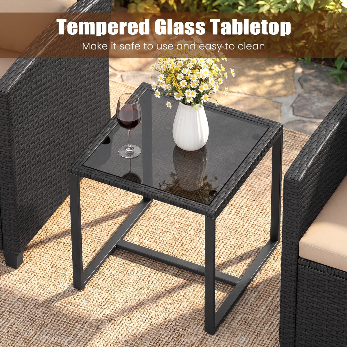 LIVSK 3-Delige Tuinmeubelset - Hoogwaardig PE-Rotan - Comfortabele Stoelen - Krasbestendig Glazen Tafel - Zwart