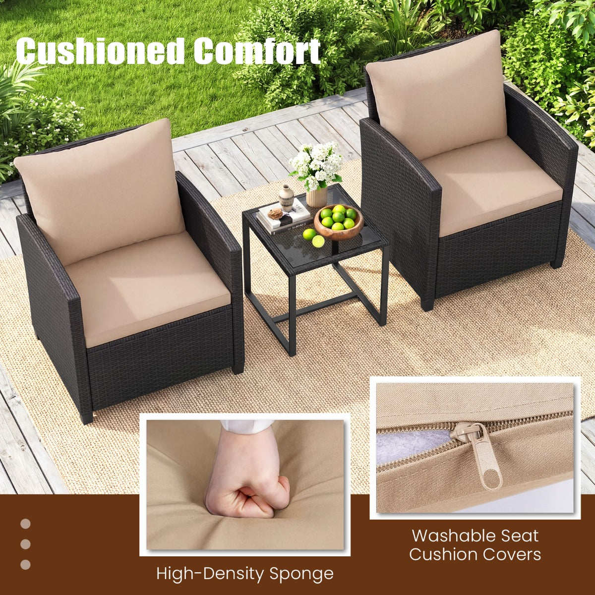 LIVSK 3-Delige Tuinmeubelset - Hoogwaardig PE-Rotan - Comfortabele Stoelen - Krasbestendig Glazen Tafel - Zwart